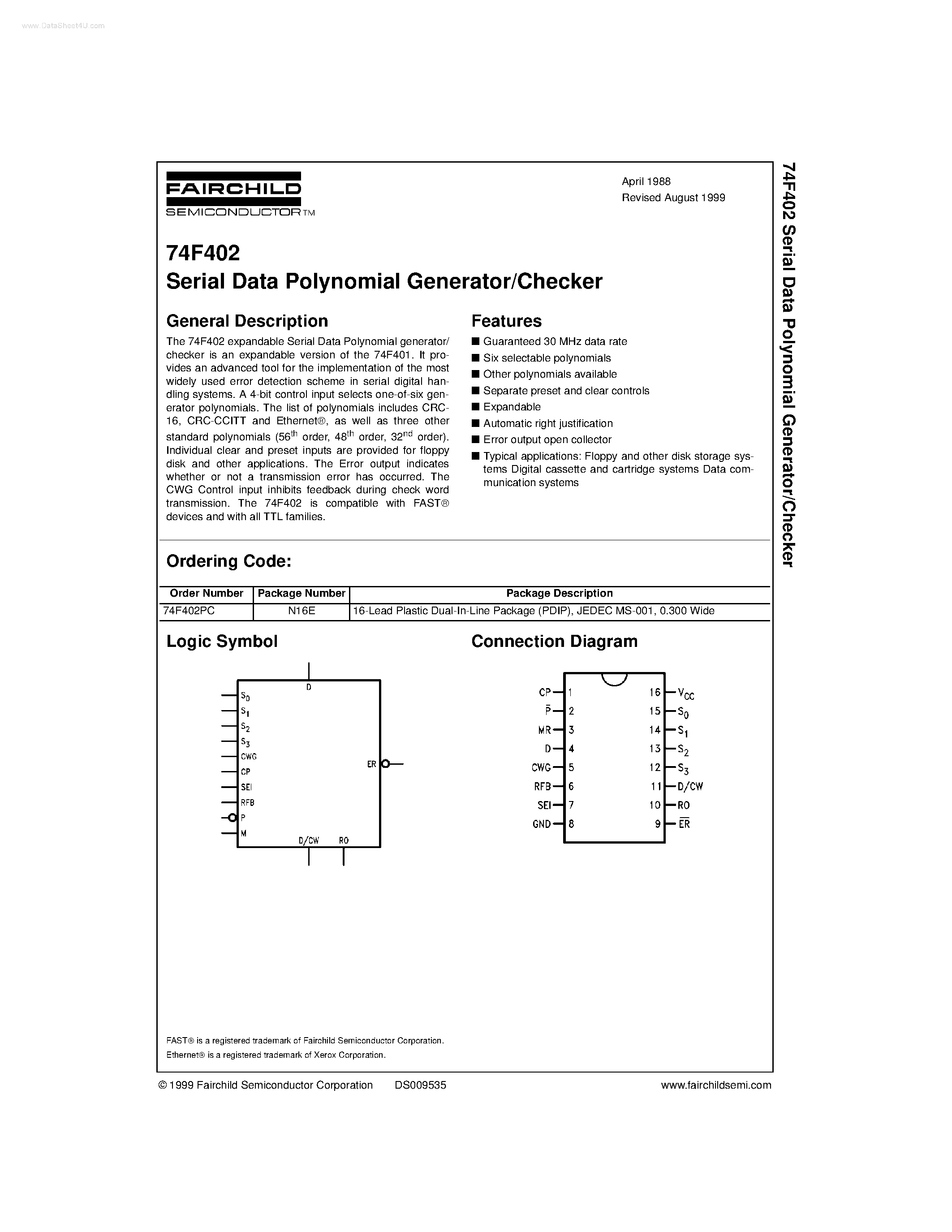 Datasheet 74F402PC - Serial Data Polynomial Generator/Checker page 1
