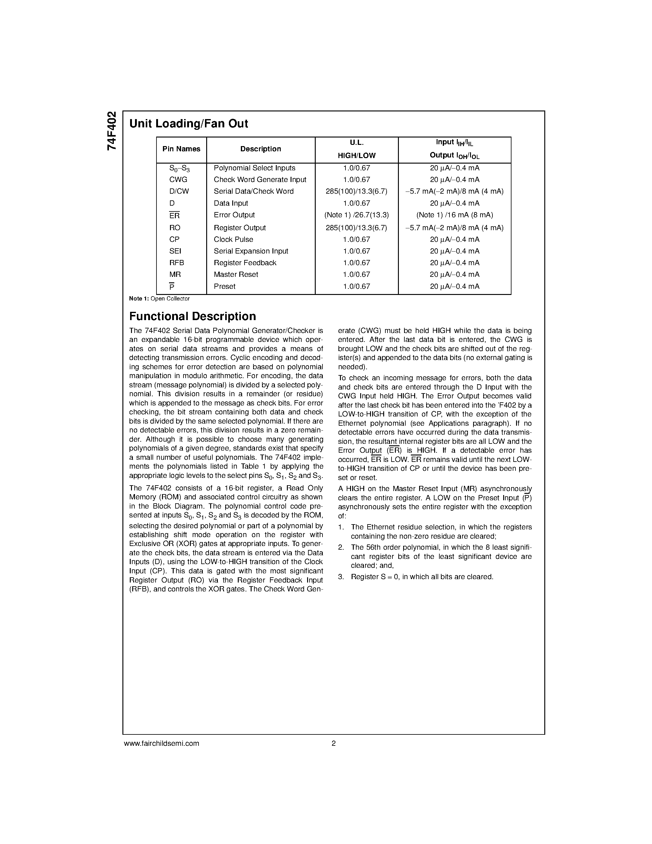 Datasheet 74F402PC - Serial Data Polynomial Generator/Checker page 2