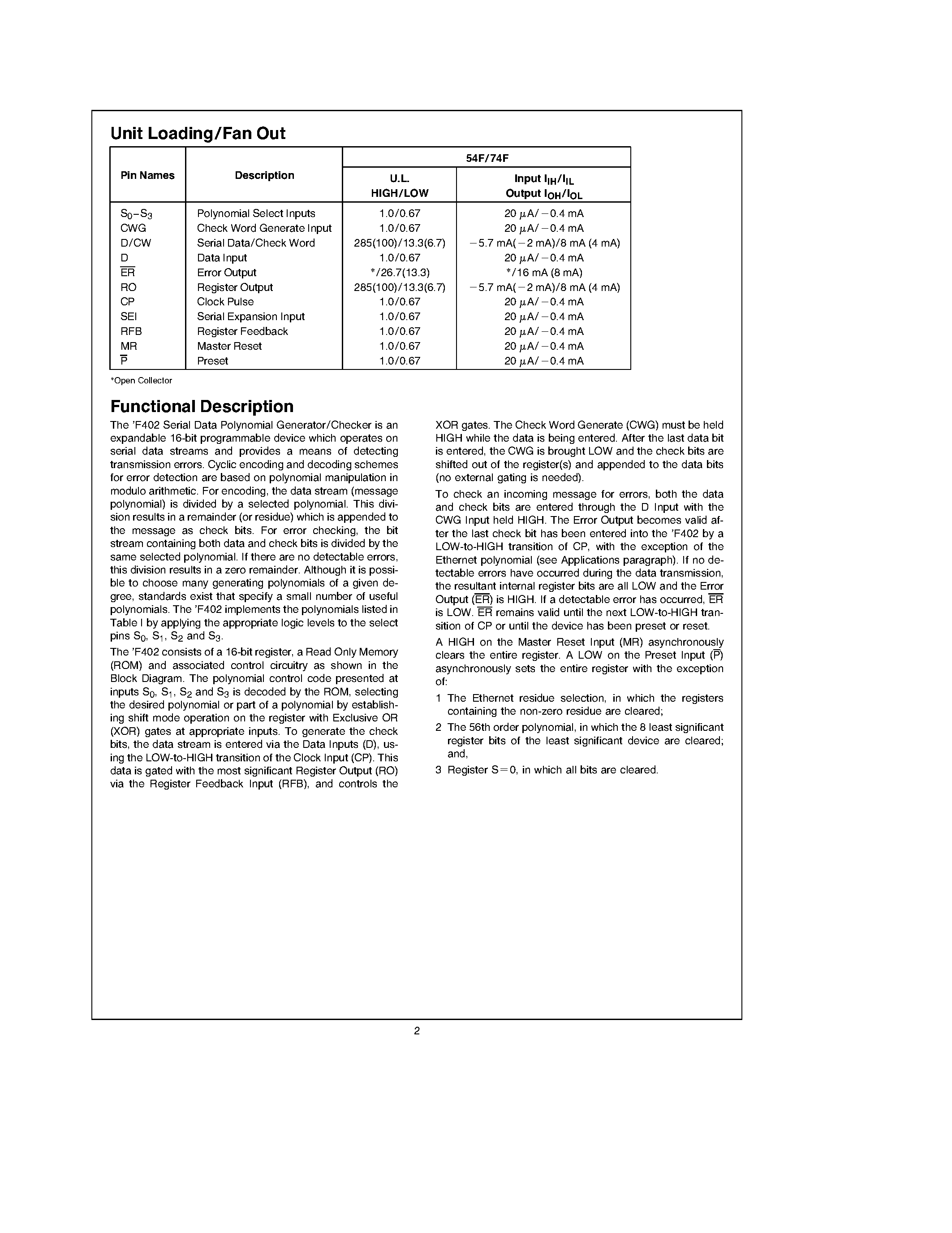 Datasheet 74F402PC - Serial Data Polynomial Generator/Checker page 2