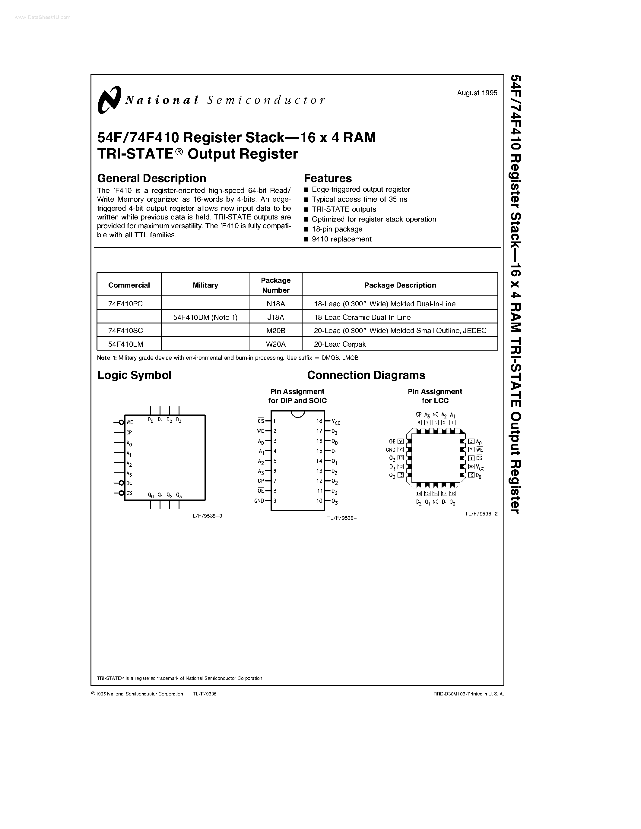 Datasheet 74F410PC - Register Stack16 x 4 RAM TRI-STATEE Output Register page 1