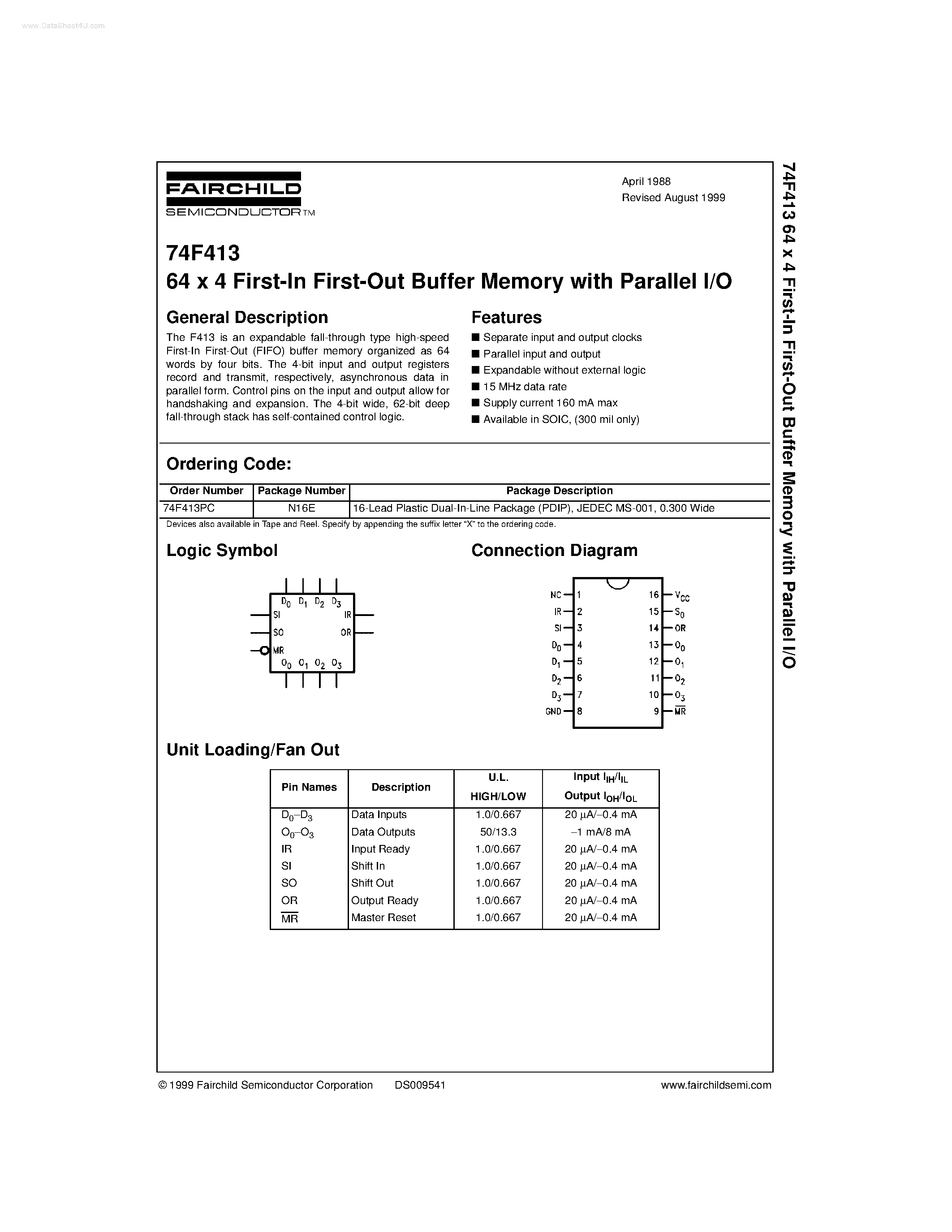Datasheet 74F413 page 1 Datasheet 74F413 - 64 x 4 First-In First-Out Buffer Memory with Parallel I/O page 1