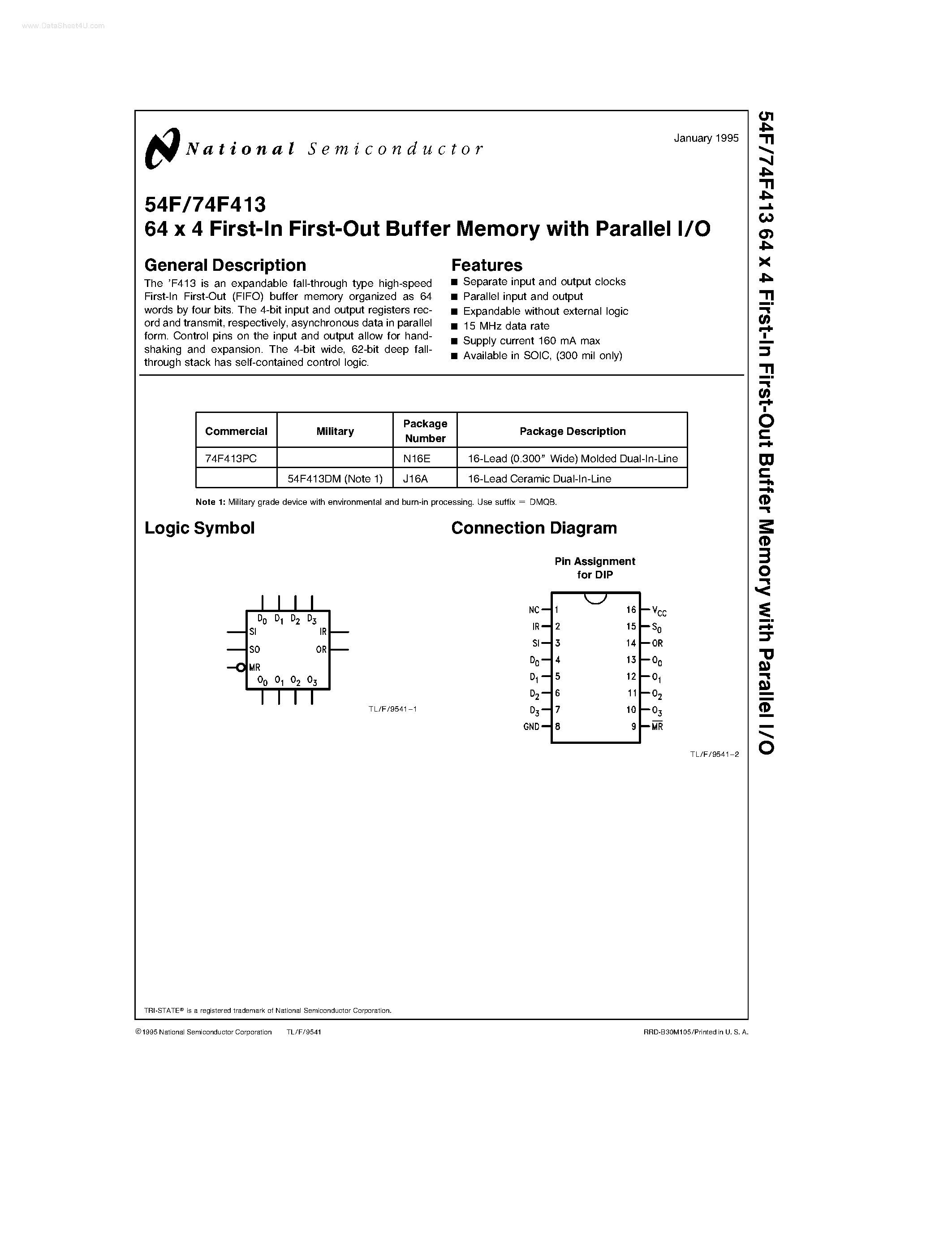 Datasheet 74F413 page 1 Datasheet 74F413 - 64 x 4 First-In First-Out Buffer Memory with Parallel I/O page 1