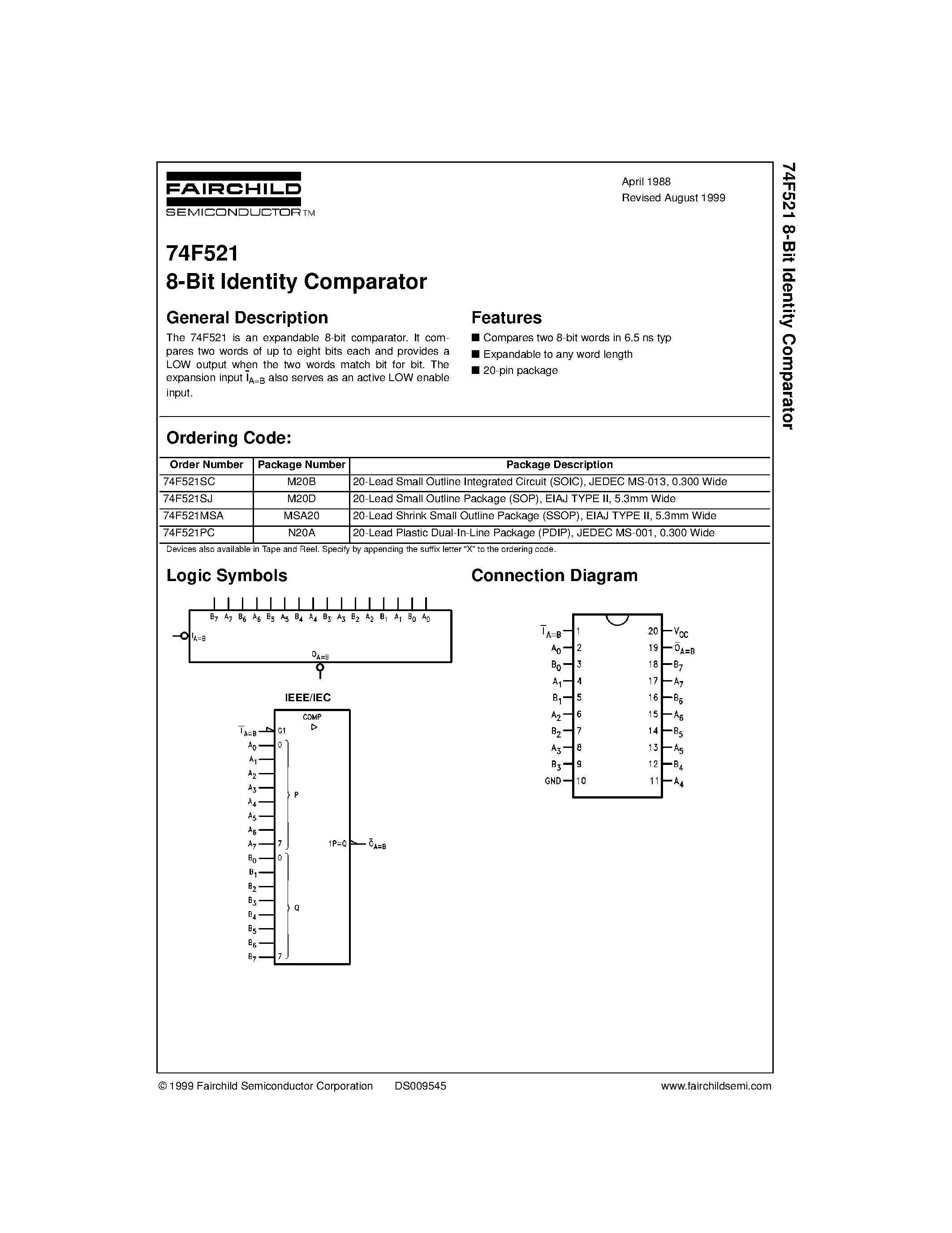 Даташит 74F521SJ - 8-Bit Identity Comparator страница 1