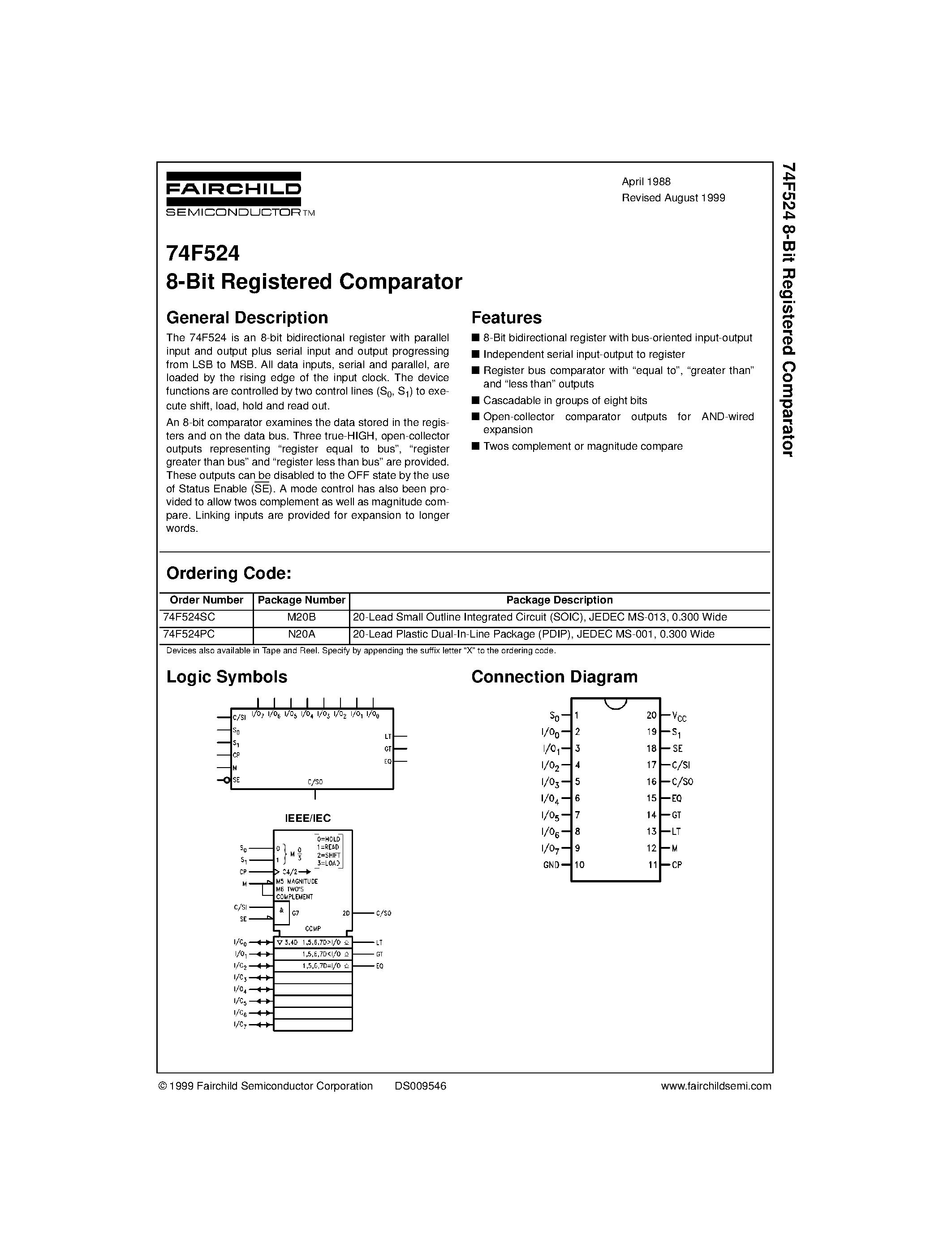 Даташит на микросхему 74F524SC страница 1 Даташит 74F524SC - 8-Bit Registered Comparator страница 1