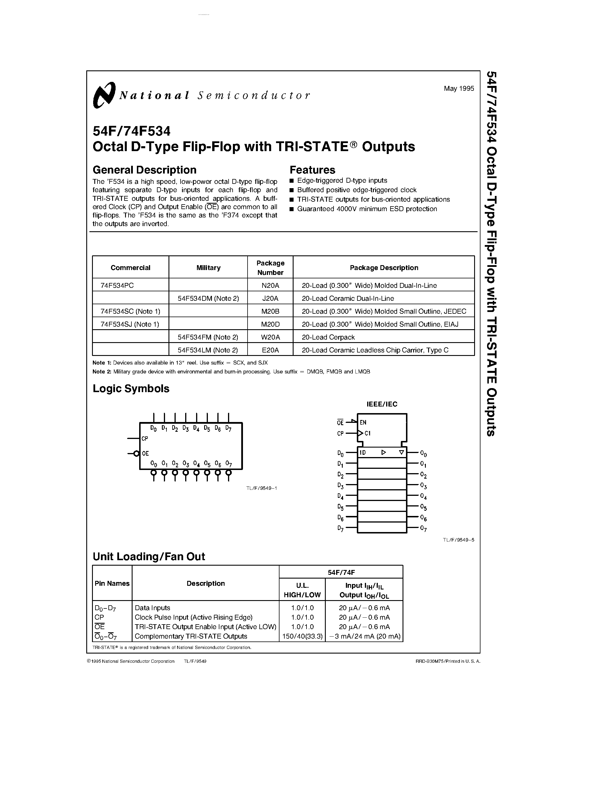 Datasheet 74F534 - Octal D-Type Flip-Flop with TRI-STATE Outputs page 1