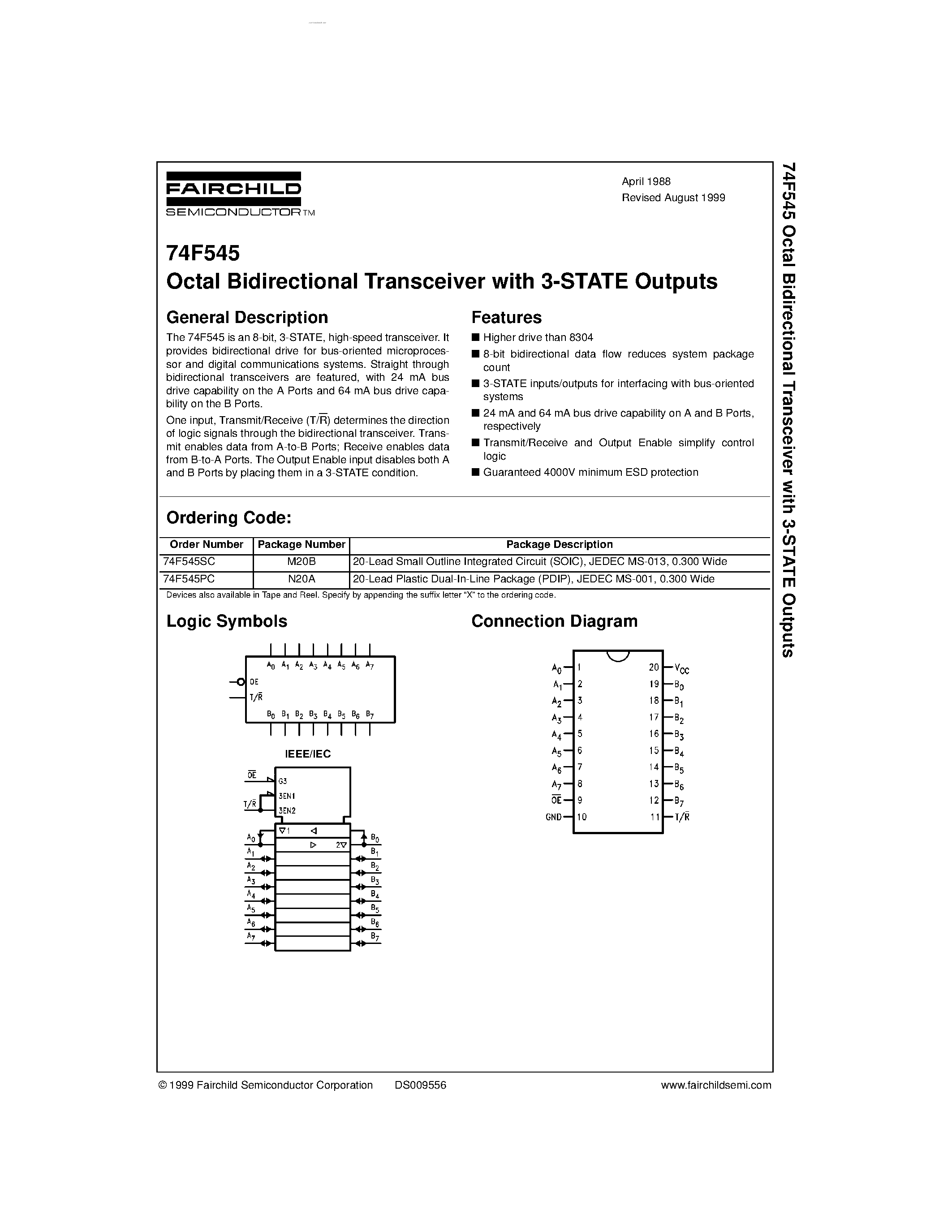 Datasheet 74F545 - Octal Bidirectional Transceiver with 3-STATE Outputs page 1