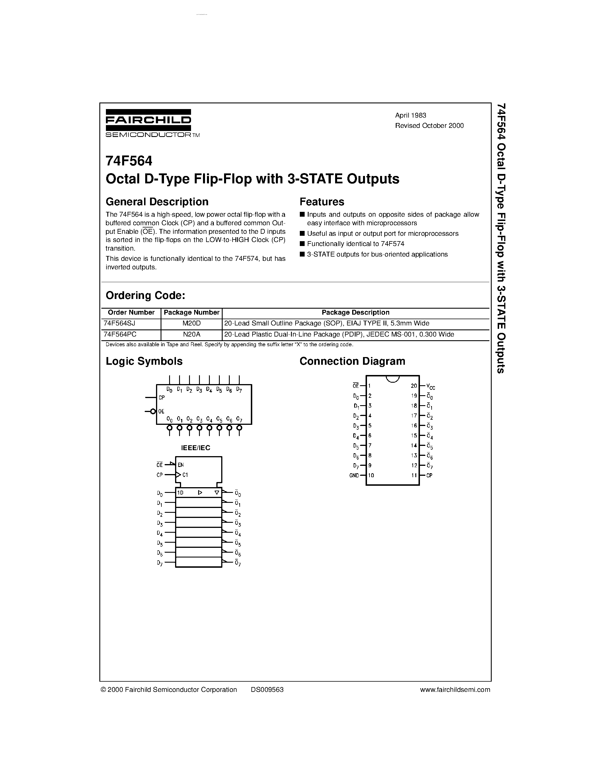 Datasheet 74F564PC - Octal D-Type Flip-Flop with 3-STATE Outputs page 1
