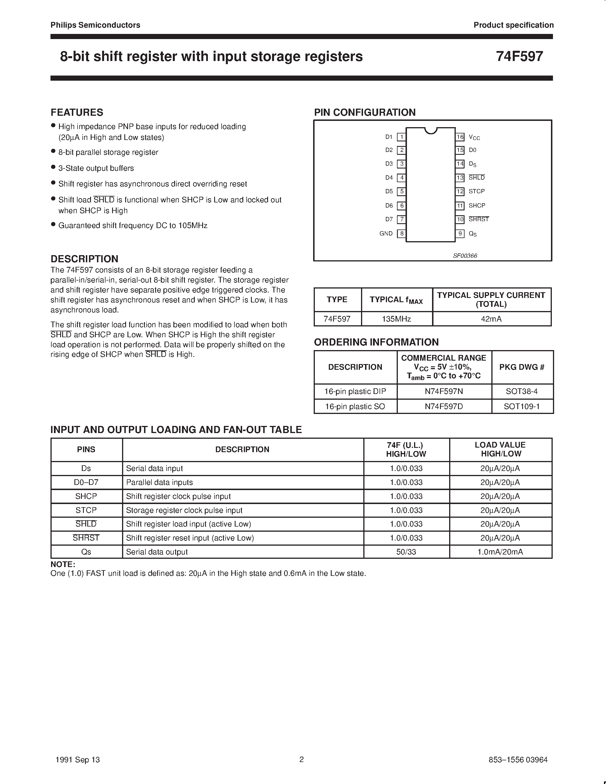 Datasheet 74F597 - 8-bit shift register with input storage registers page 2