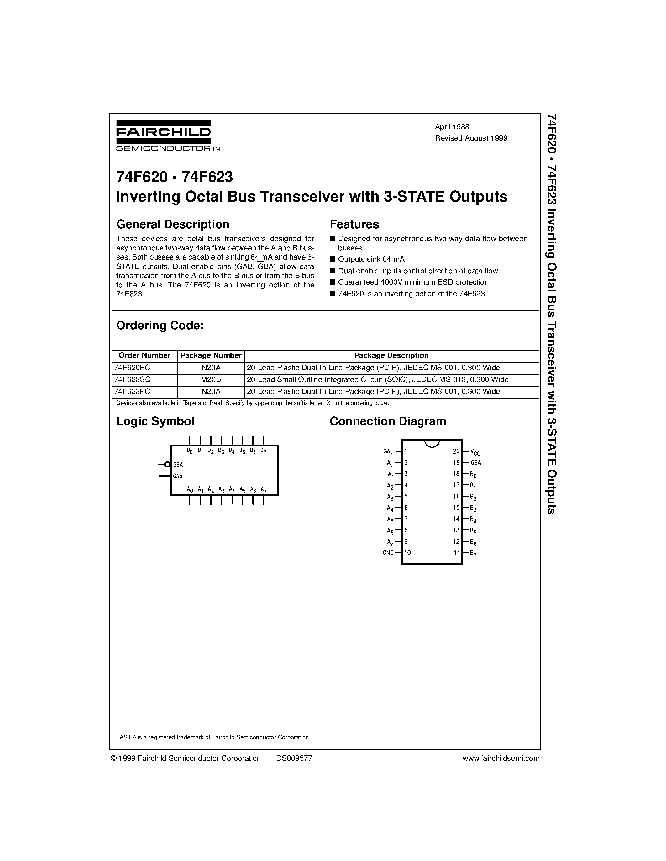 Datasheet 74F623PC - Inverting Octal Bus Transceiver with 3-STATE Outputs page 1