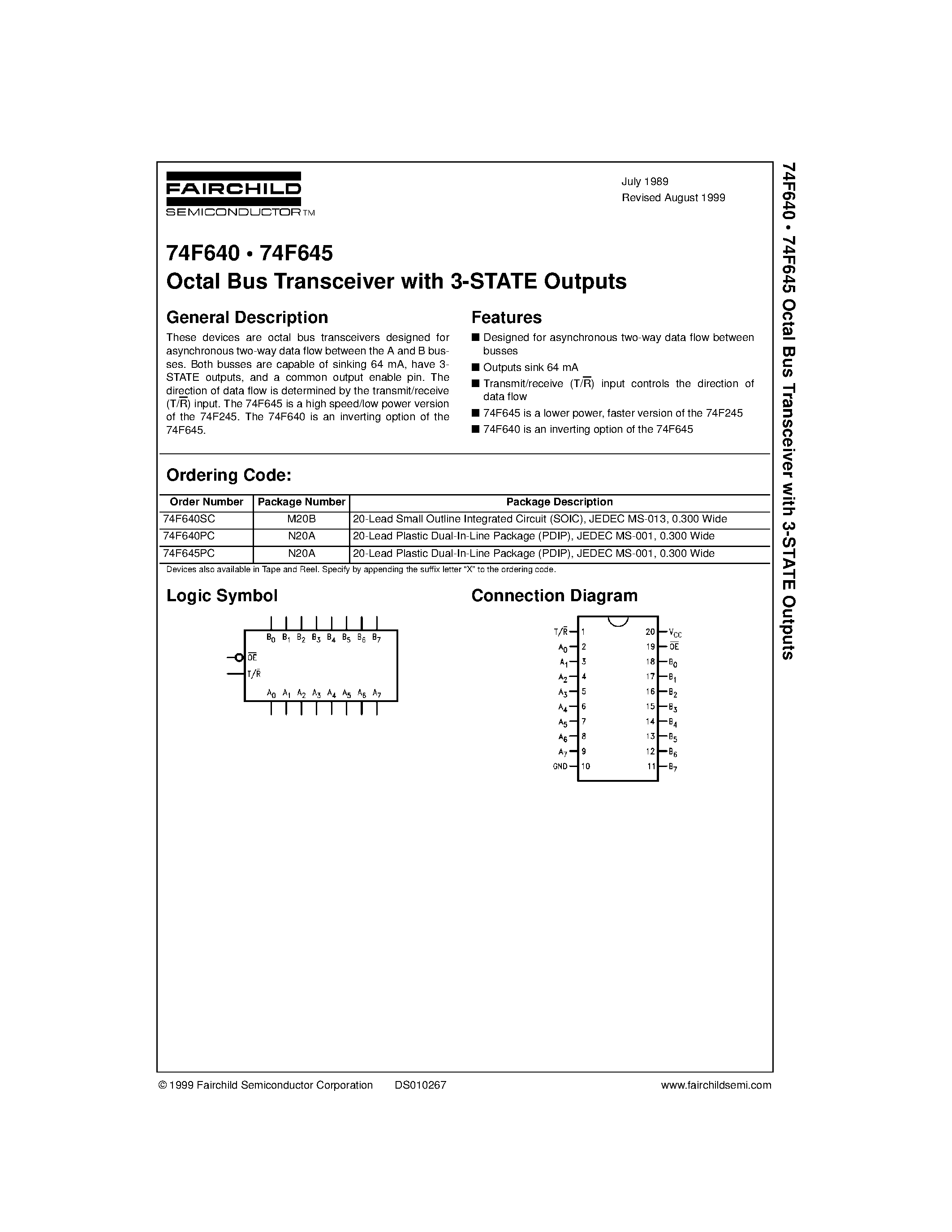 Datasheet 74F645PC - Octal Bus Transceiver with 3-STATE Outputs page 1