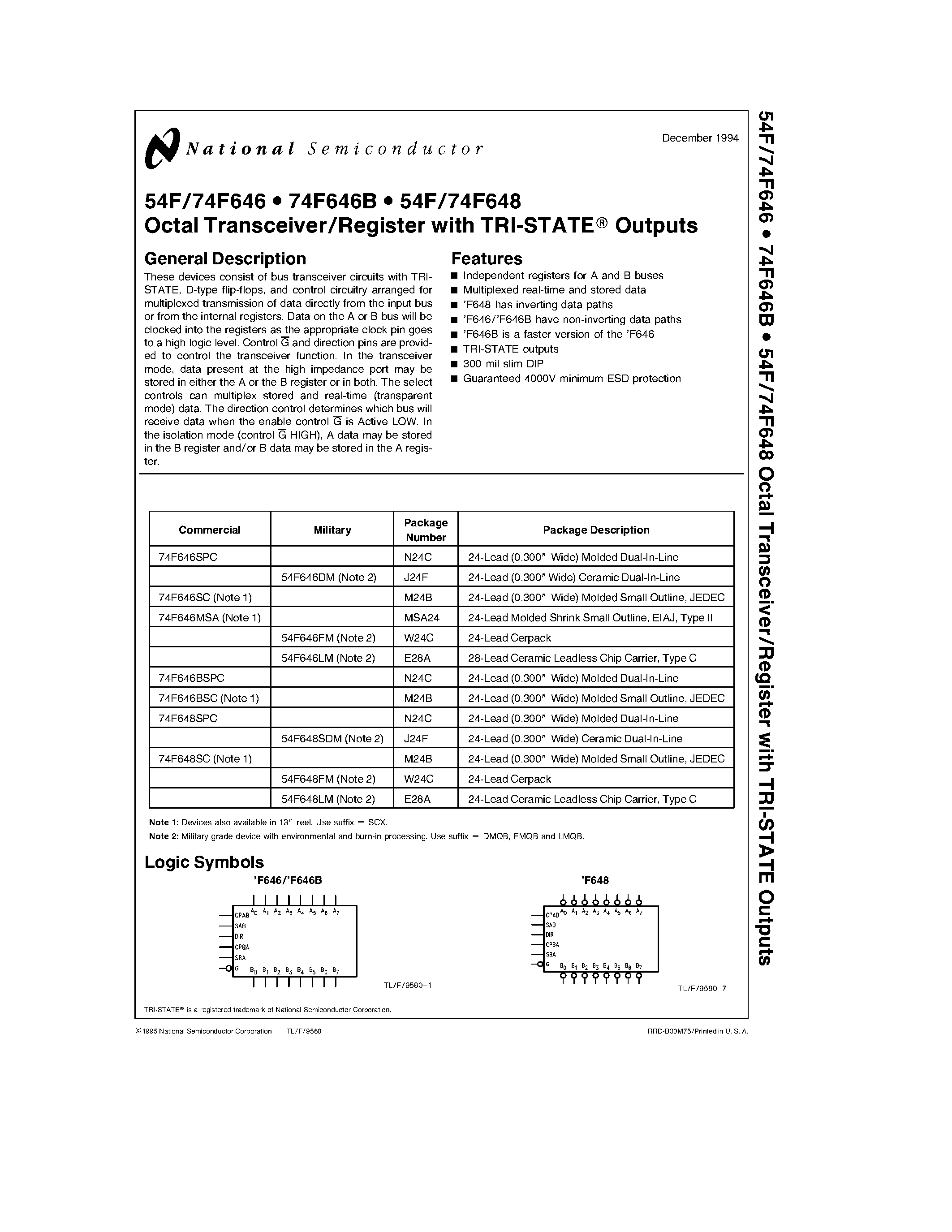 Datasheet 74F646MSA - Octal Transceiver/Register with TRI-STATE Outputs page 1