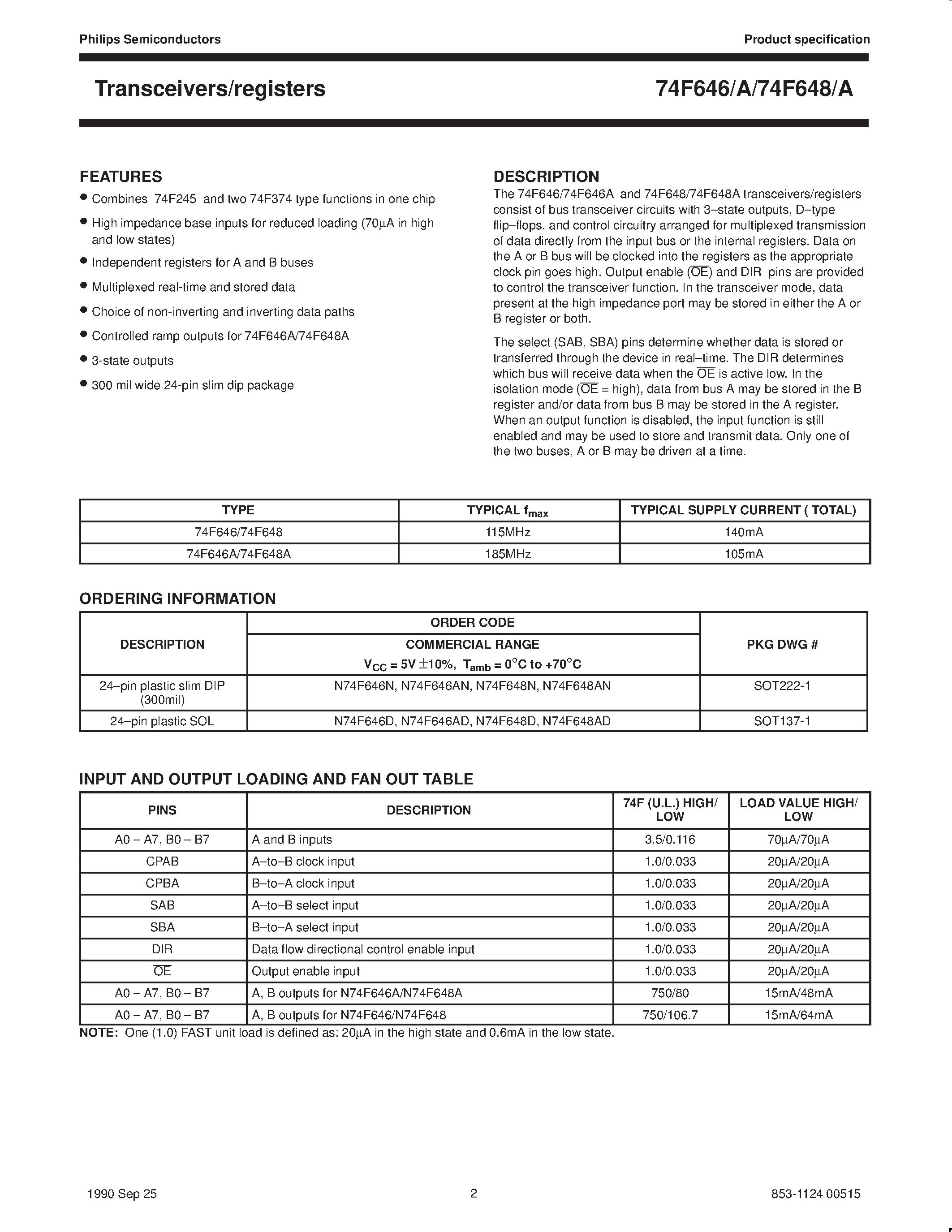 Datasheet 74F648 - Octal transceiver/register / non-inverting 3-State page 2