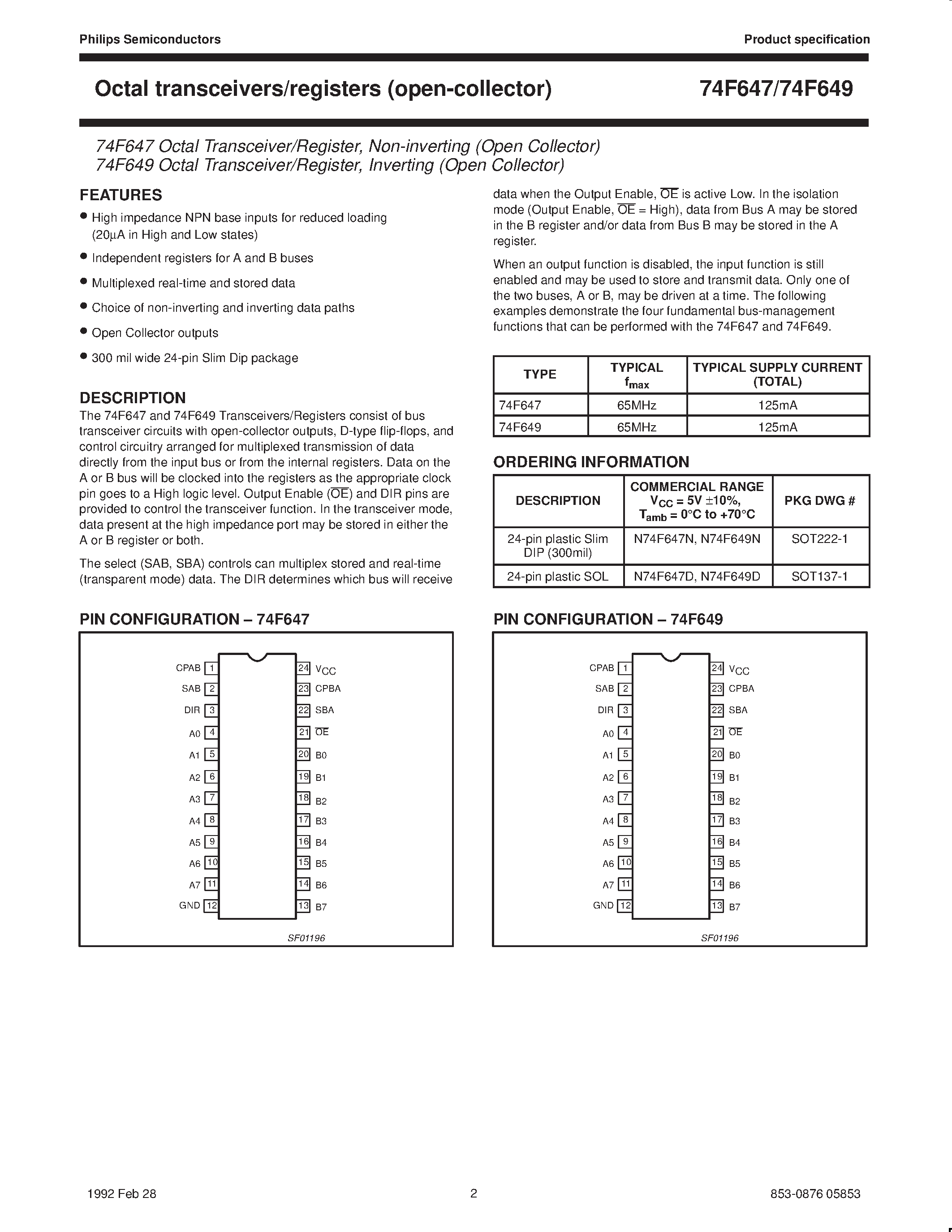 Datasheet 74F649 - Octal transceiver/register / non-inverting open-collector page 2