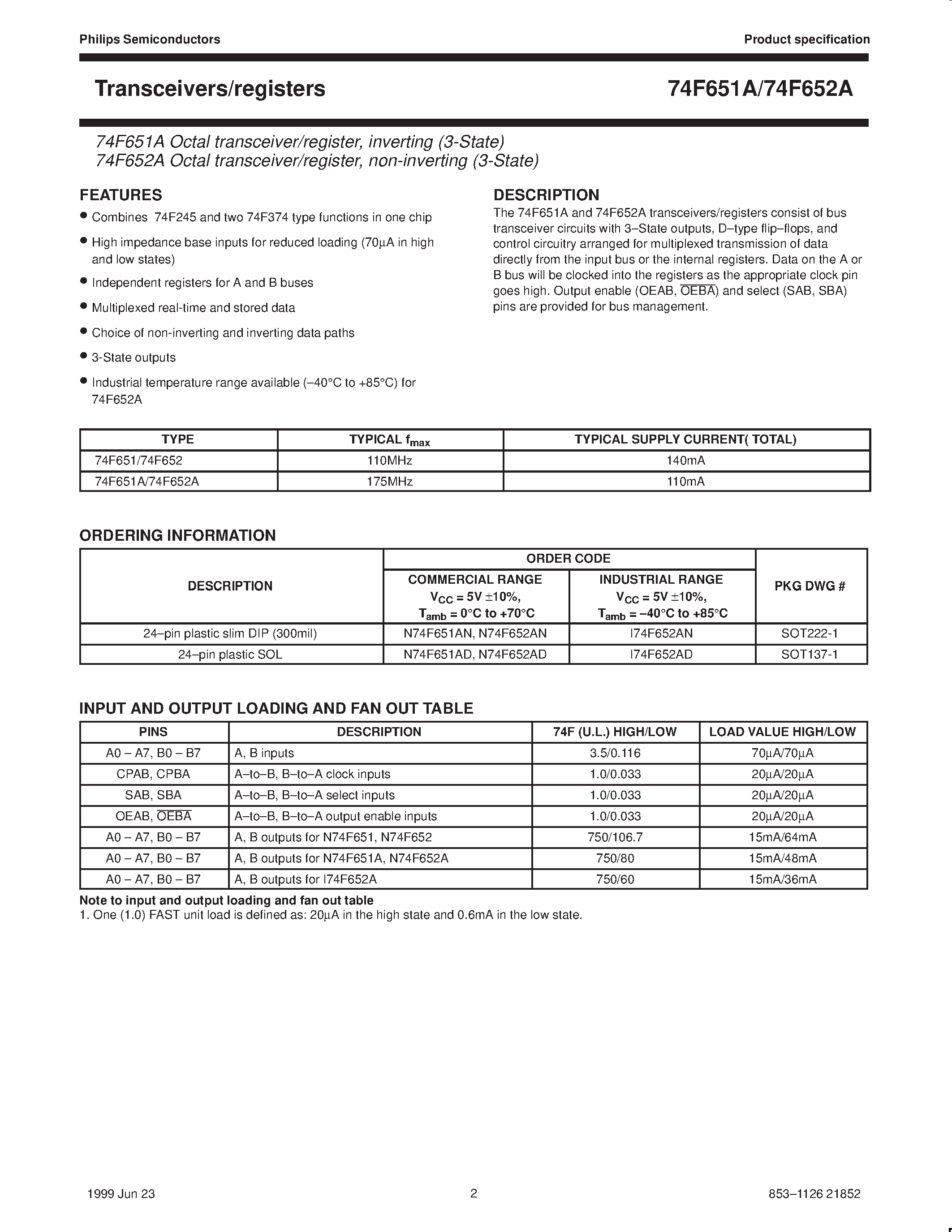 Datasheet 74F651A - Transceivers/registers page 2