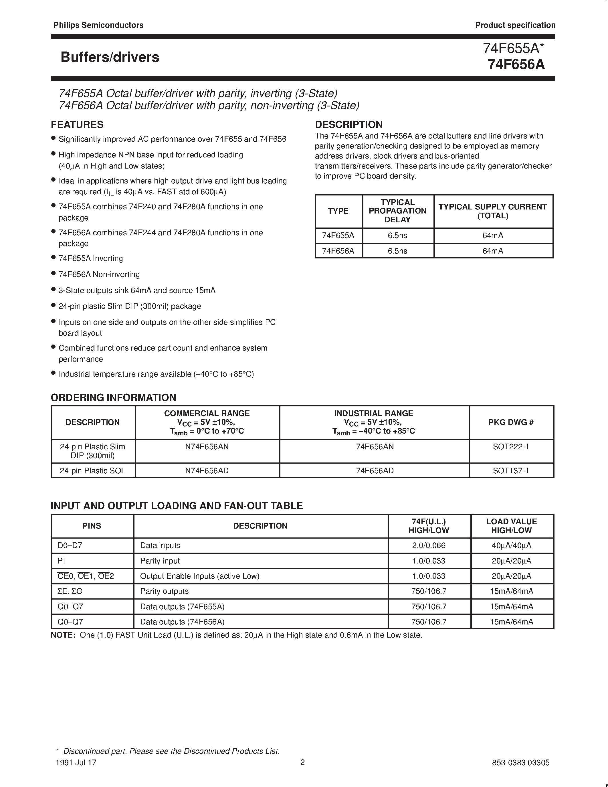 Datasheet 74F656A - Octal buffer/driver with parity / non-inverting 3-State page 2