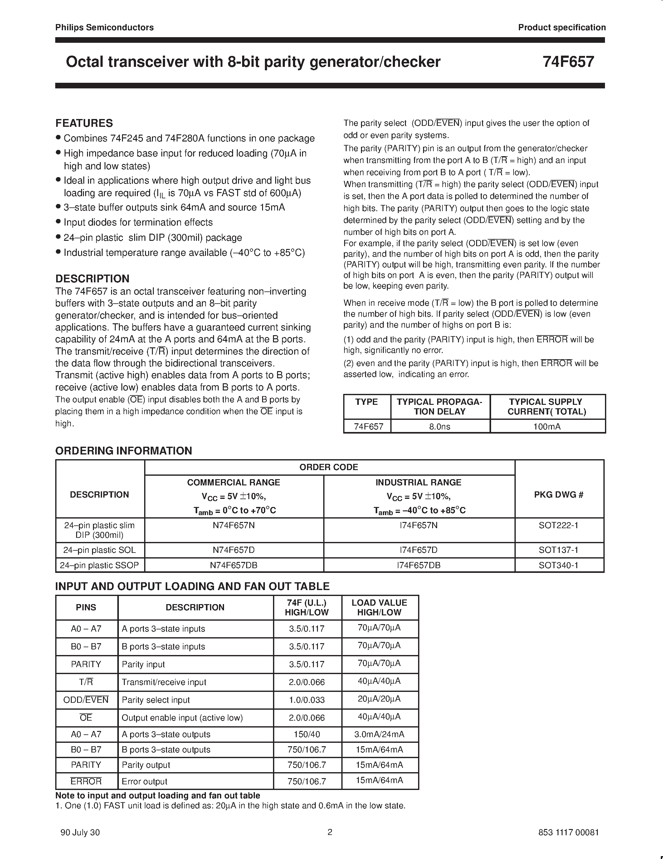 Datasheet 74F657 - Octal transceiver with 8-bit parit generator/checker page 2