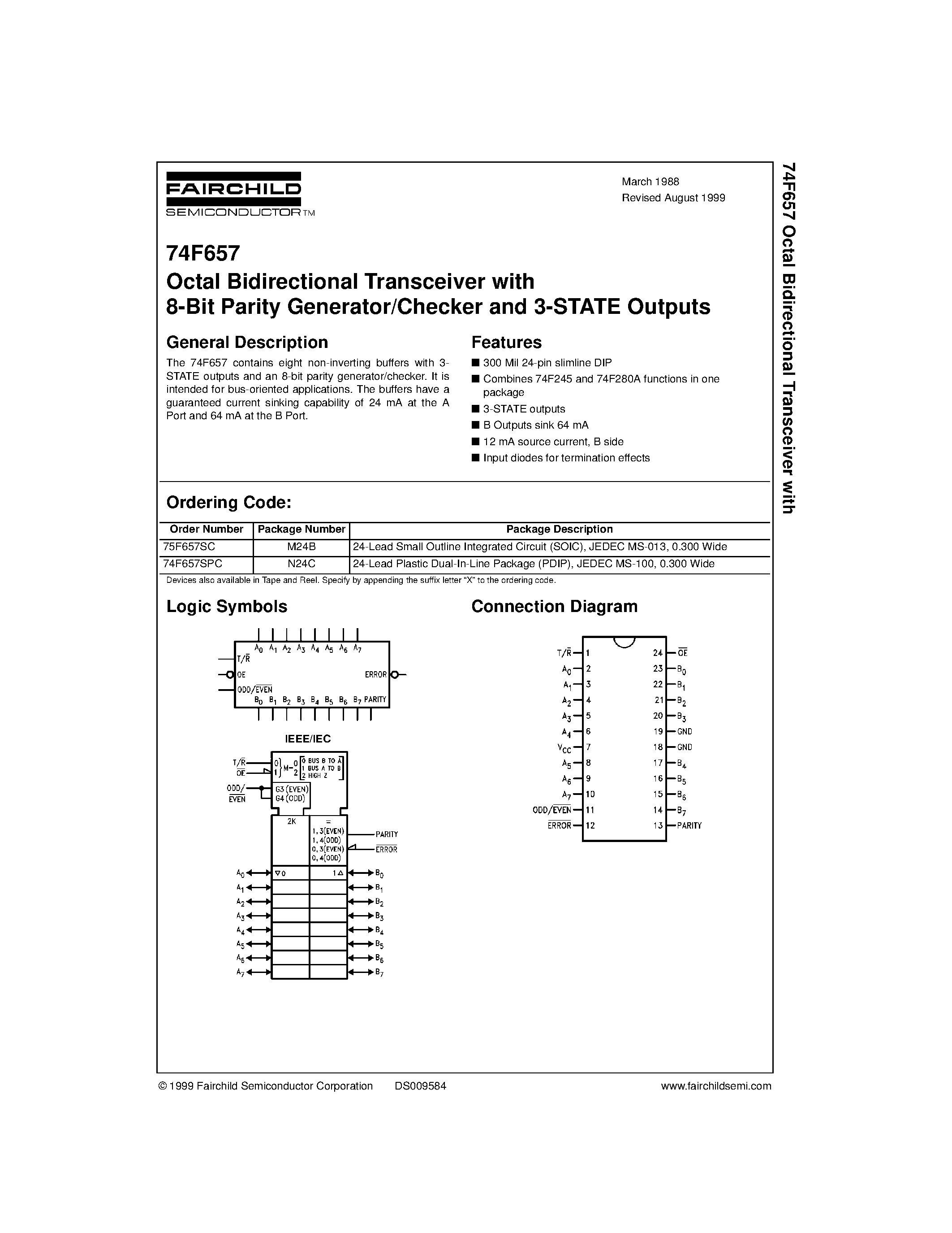 Даташит 74F657 - Octal Bidirectional Transceiver with 8-Bit Parity Generator/Checker and 3-STATE Outputs страница 1