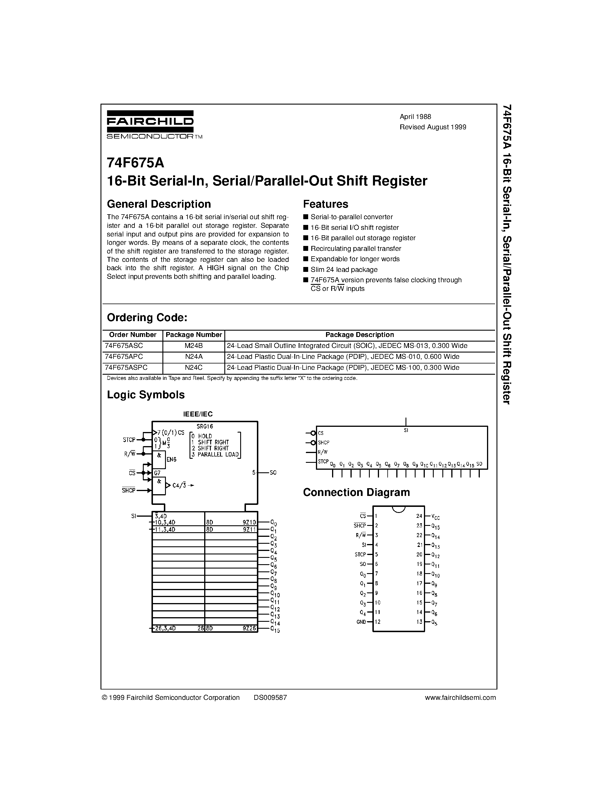 Datasheet 74F675A - 16-Bit Serial-In / Serial/Parallel-Out Shift Register page 1