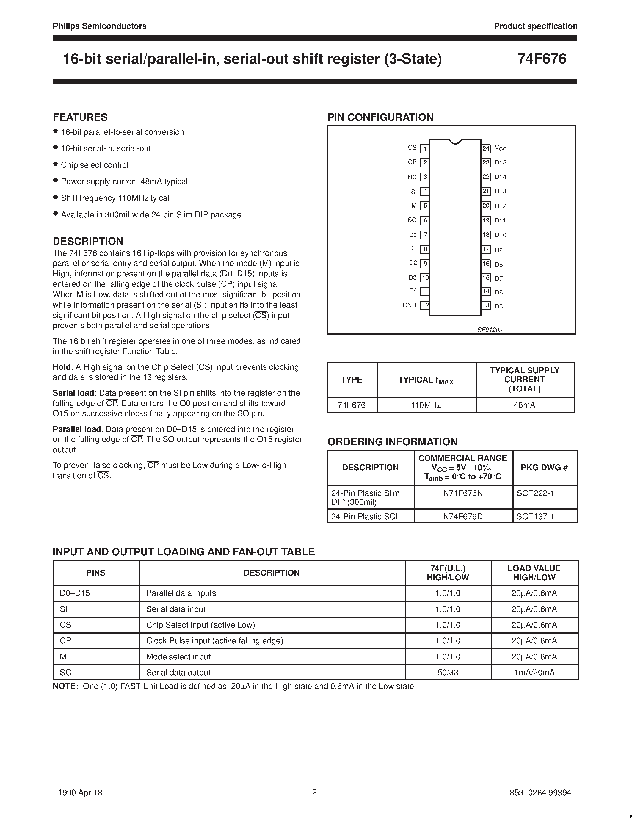 Datasheet 74F676 - 16-bit serial/parallel-in / serial-out shift register 3-State page 2
