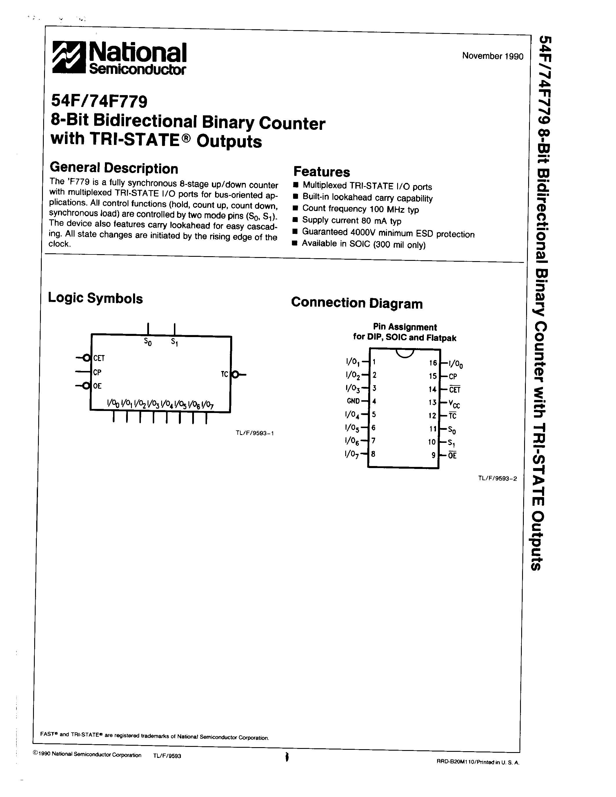 Datasheet 74F779PCQR - 8-Bit Bidirectional Binary Counter with TRI-STATE Outputs page 1