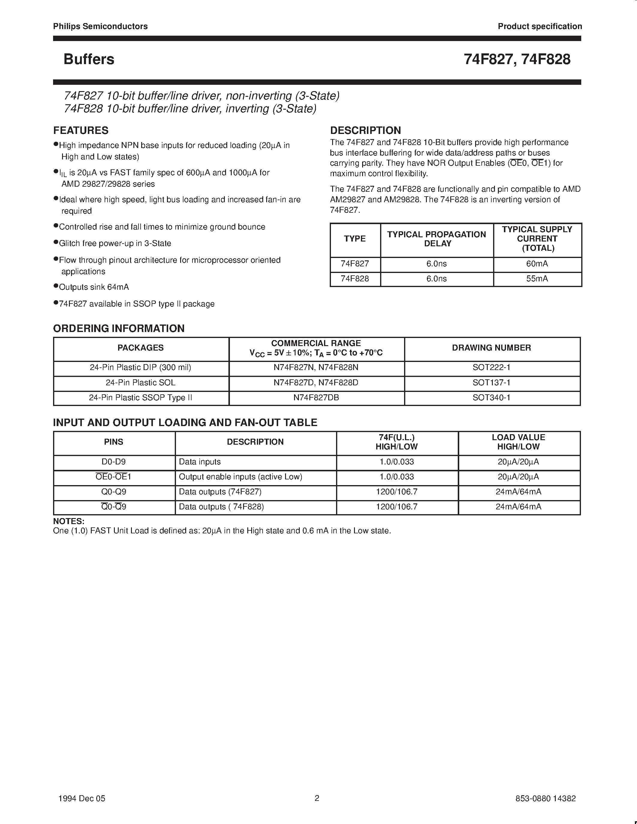 Datasheet 74F827 - 10-bit buffer/line driver / non-inverting 3-State page 2