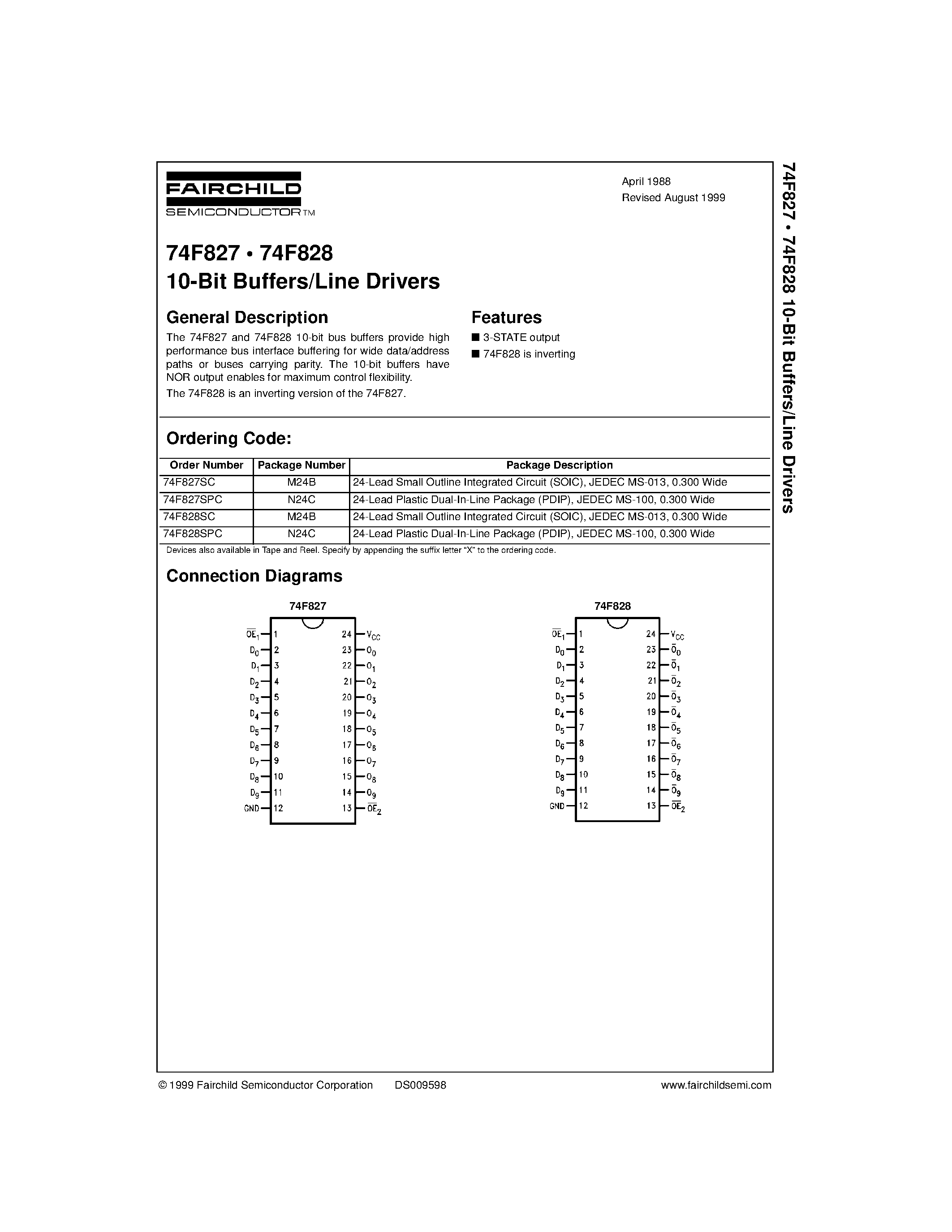 Datasheet 74F828SPC - 10-Bit Buffers/Line Drivers page 1