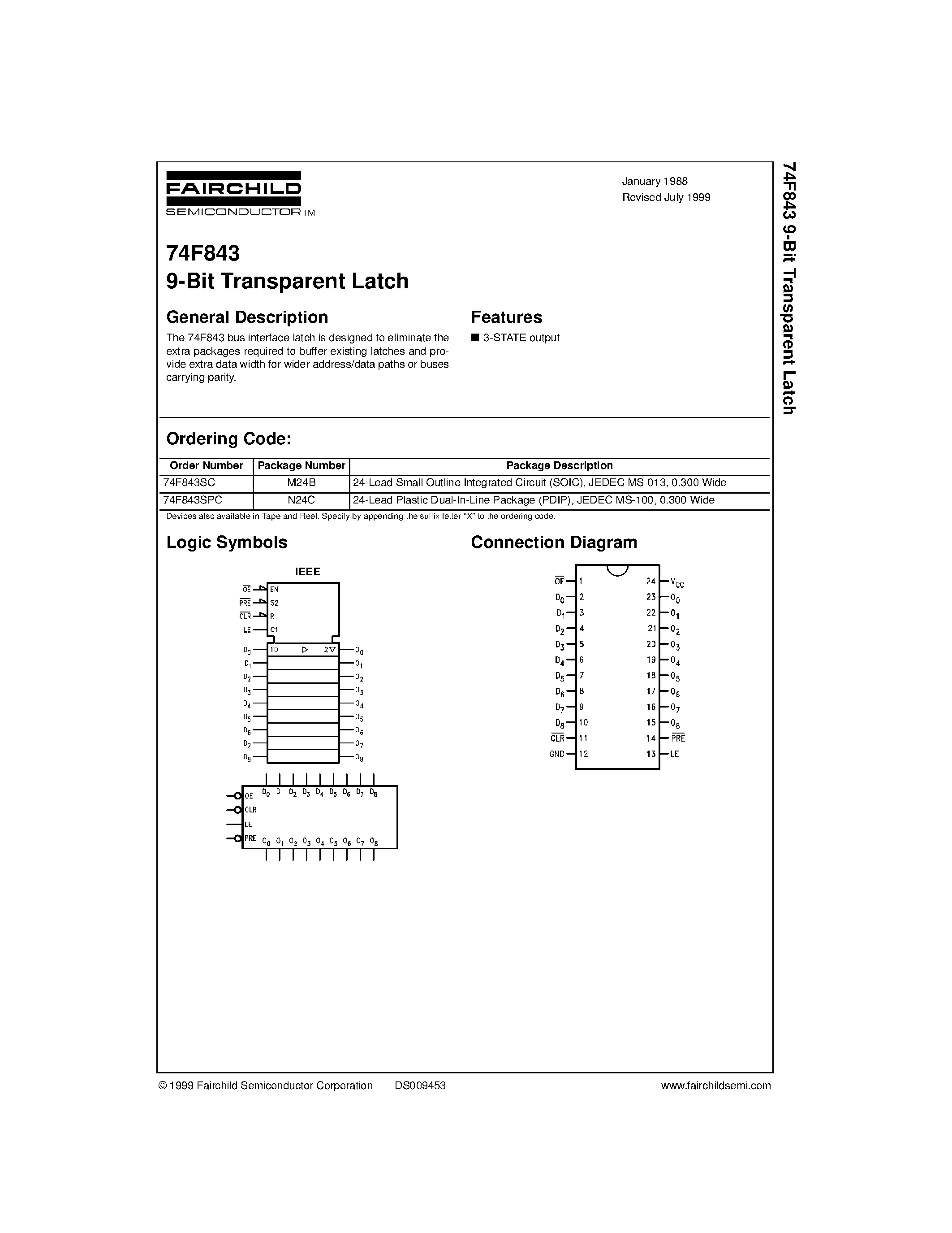 Datasheet 74F843SC - 9-Bit Transparent Latch page 1