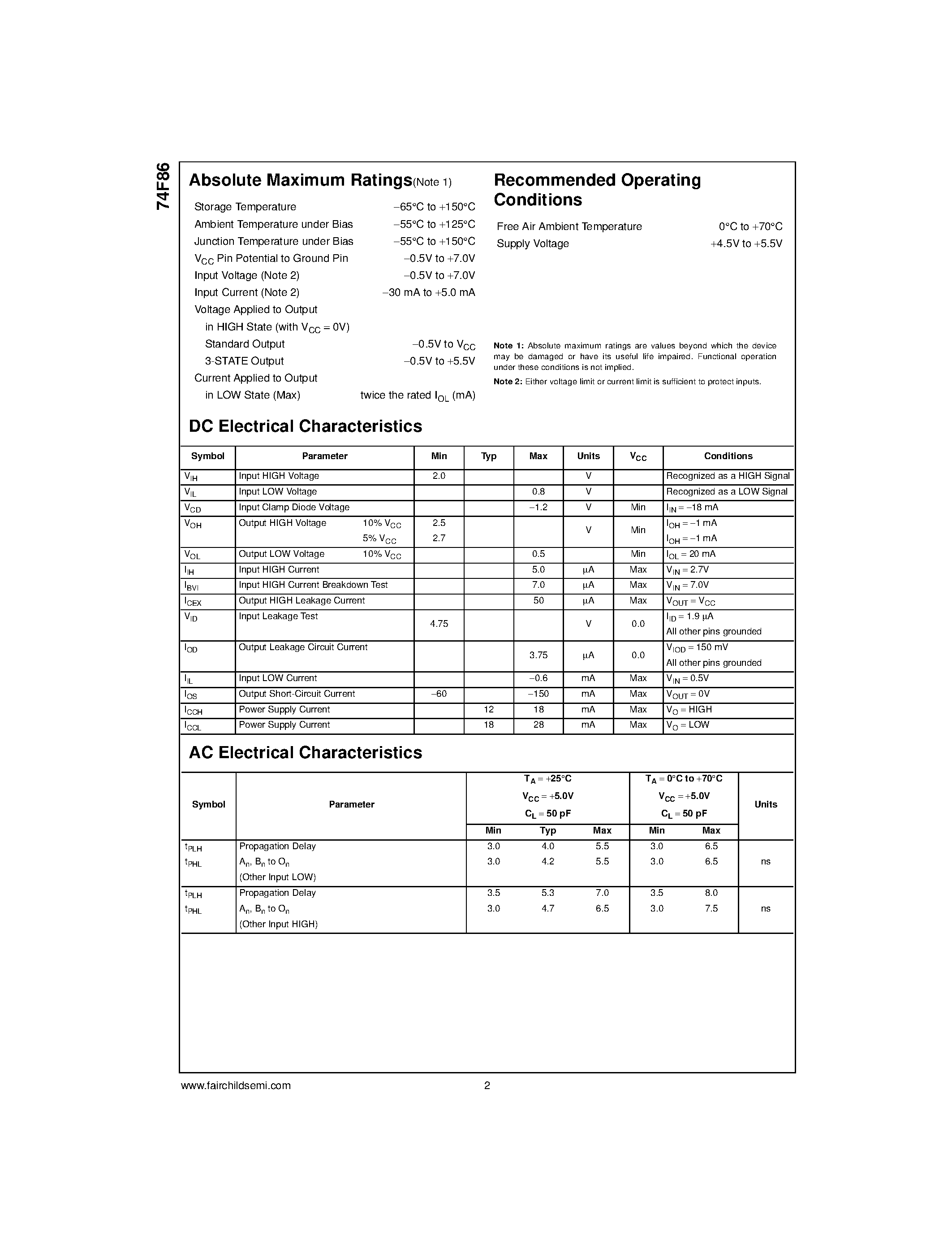 Datasheet 74F86SJ - 2-Input Exclusive-OR Gate page 2