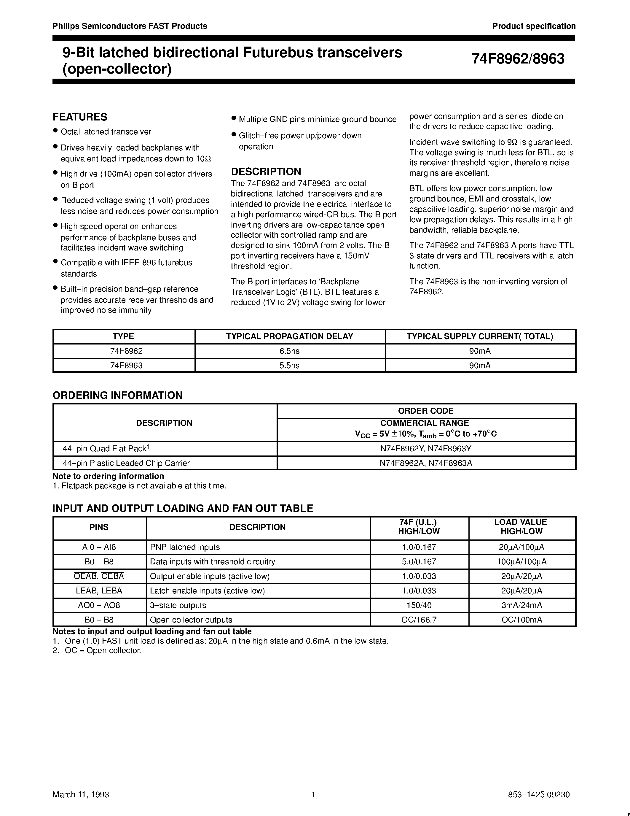 Даташит 74F8962 - 9-Bit latched bidirectional Futurebus transceivers open-collector страница 1