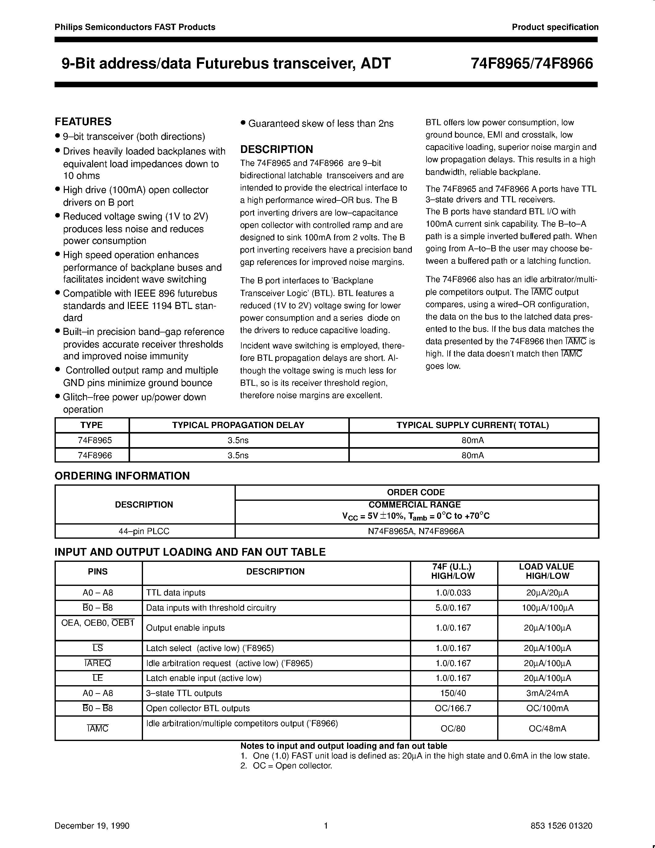 Datasheet 74F8965 page 1 Datasheet 74F8965 - 9-Bit address/data Futurebus transceiver / ADT page 1