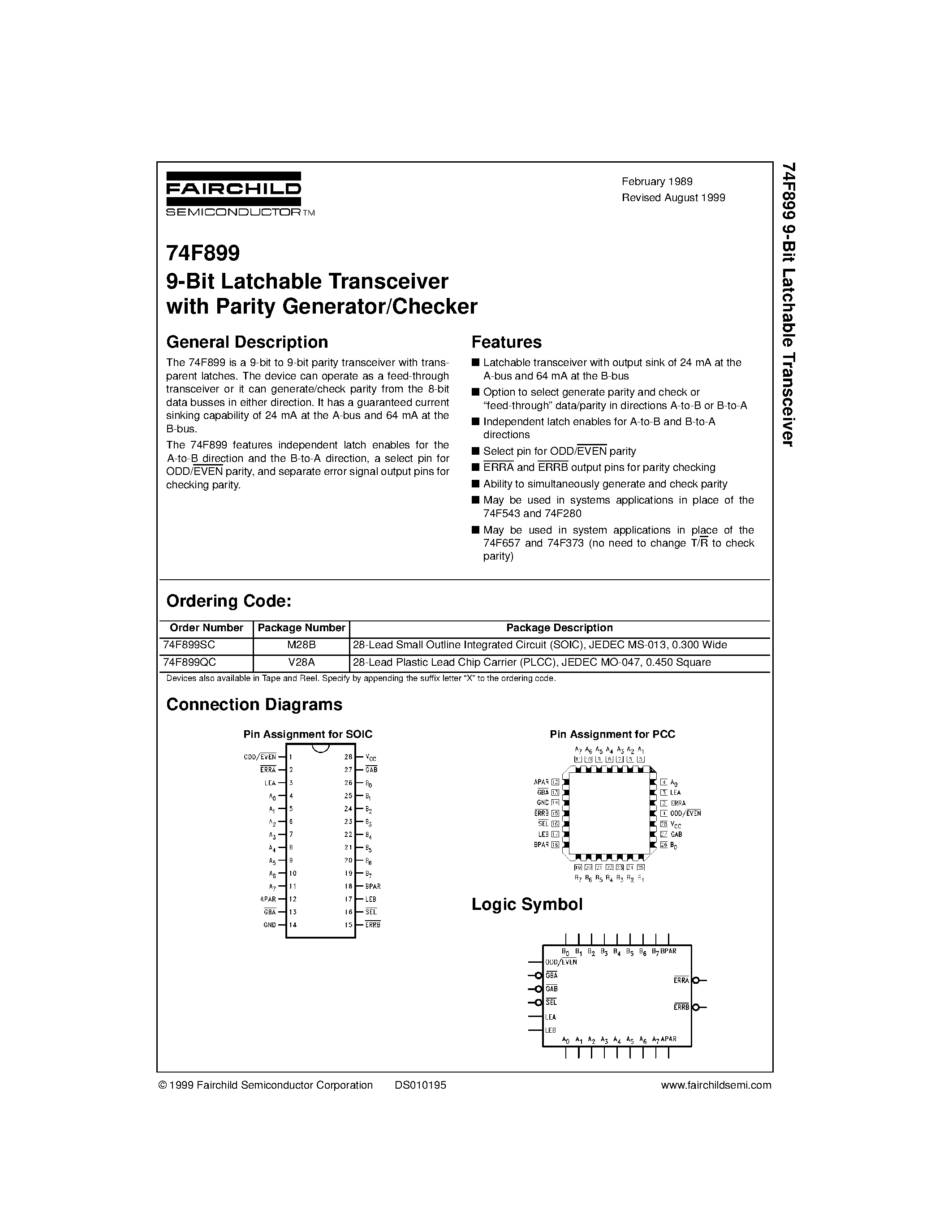 Datasheet 74F899 page 1 Datasheet 74F899 - 9-Bit Latchable Transceiver with Parity Generator/Checker page 1