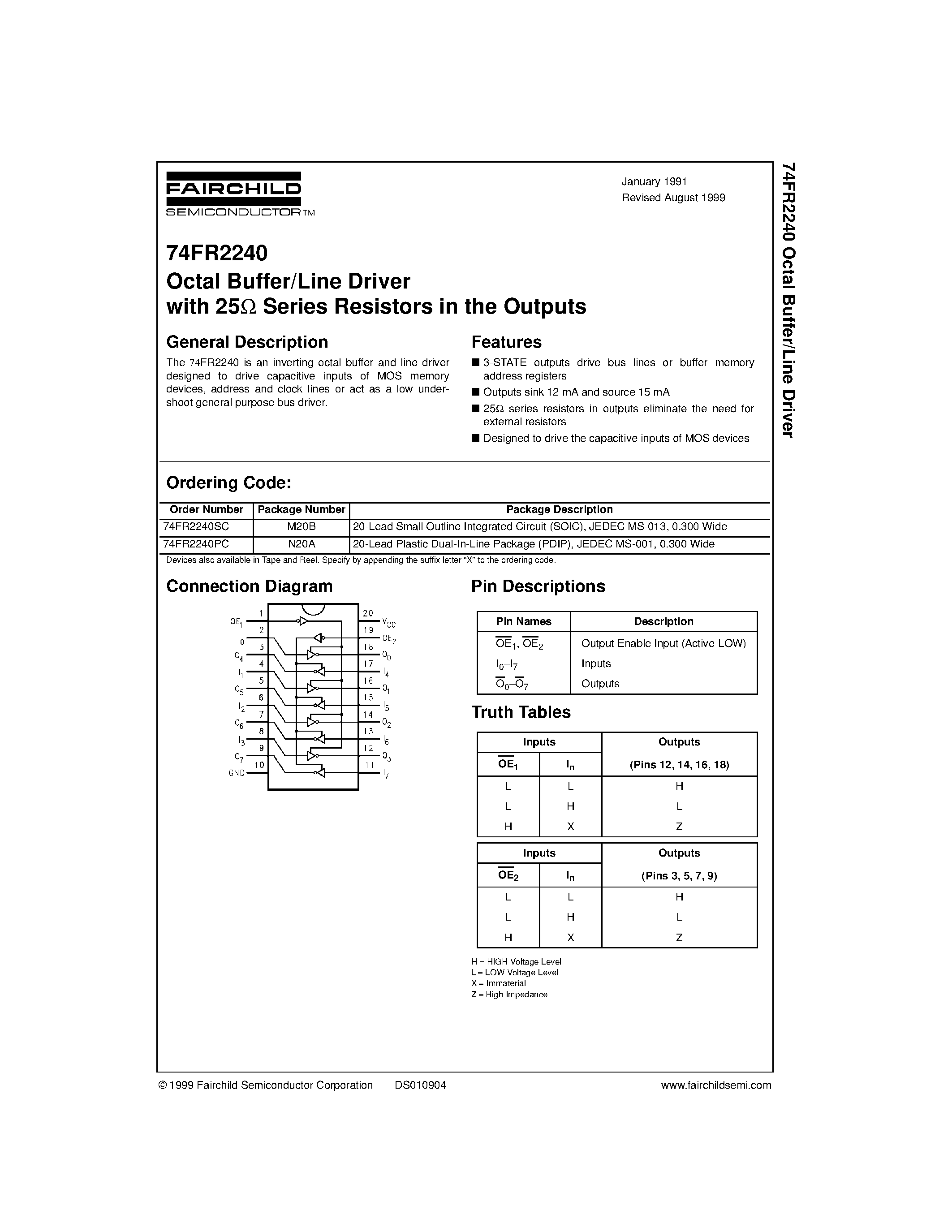 Datasheet 74FR2240 - Octal Buffer/Line Driver with 25 Series Resistors in the Outputs page 1