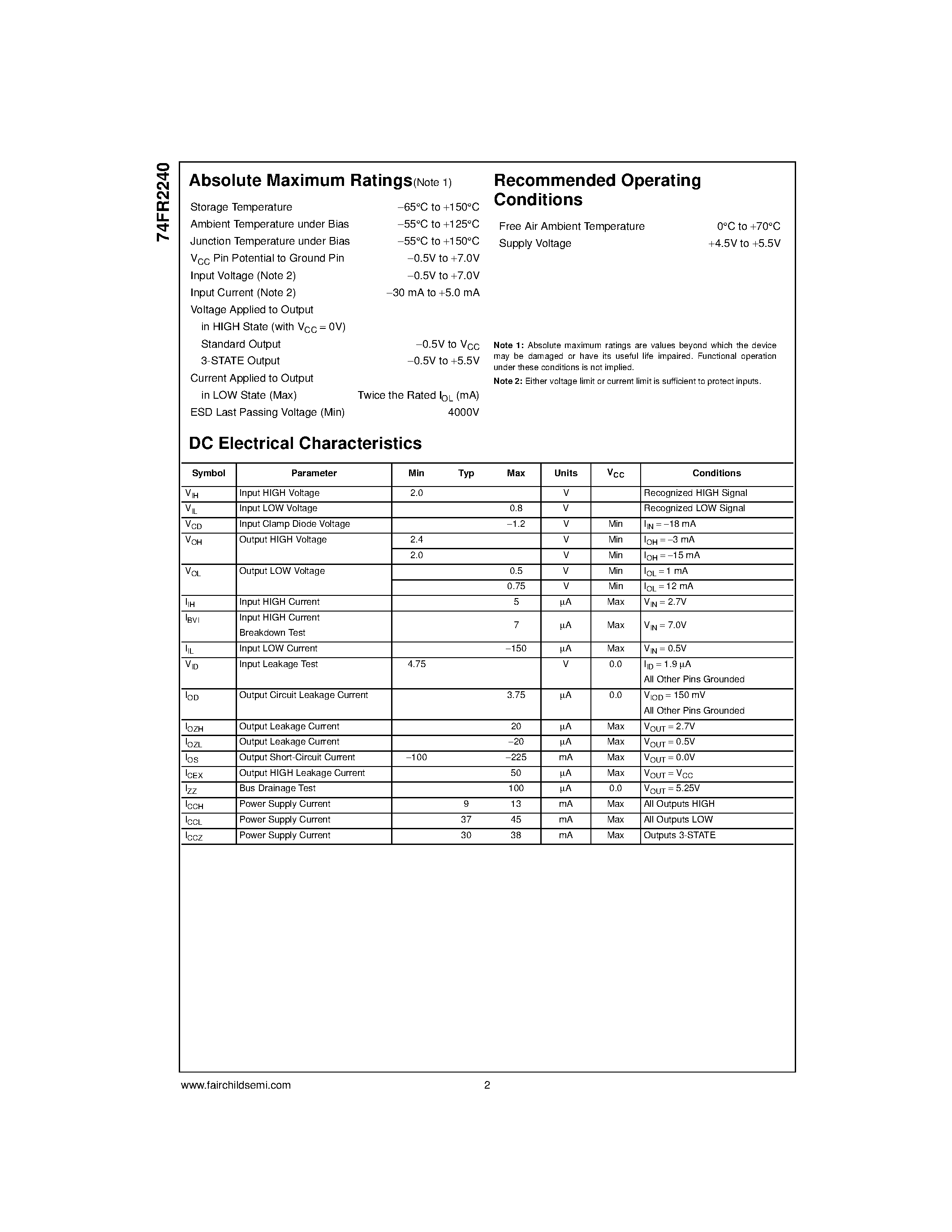 Datasheet 74FR2240PC - Octal Buffer/Line Driver with 25 Series Resistors in the Outputs page 2