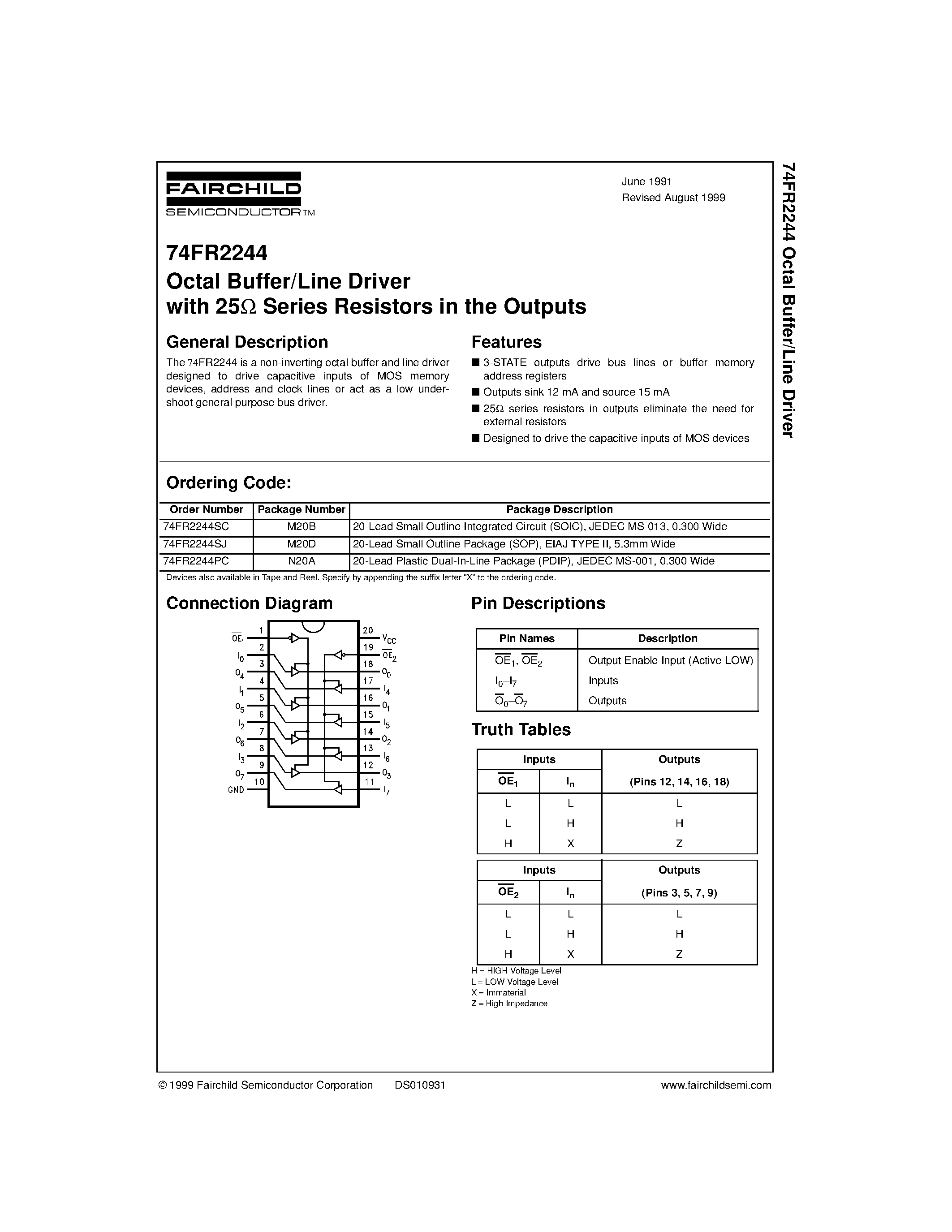 Datasheet 74FR2244PC - Octal Buffer/Line Driver with 25 Series Resistors in the Outputs page 1