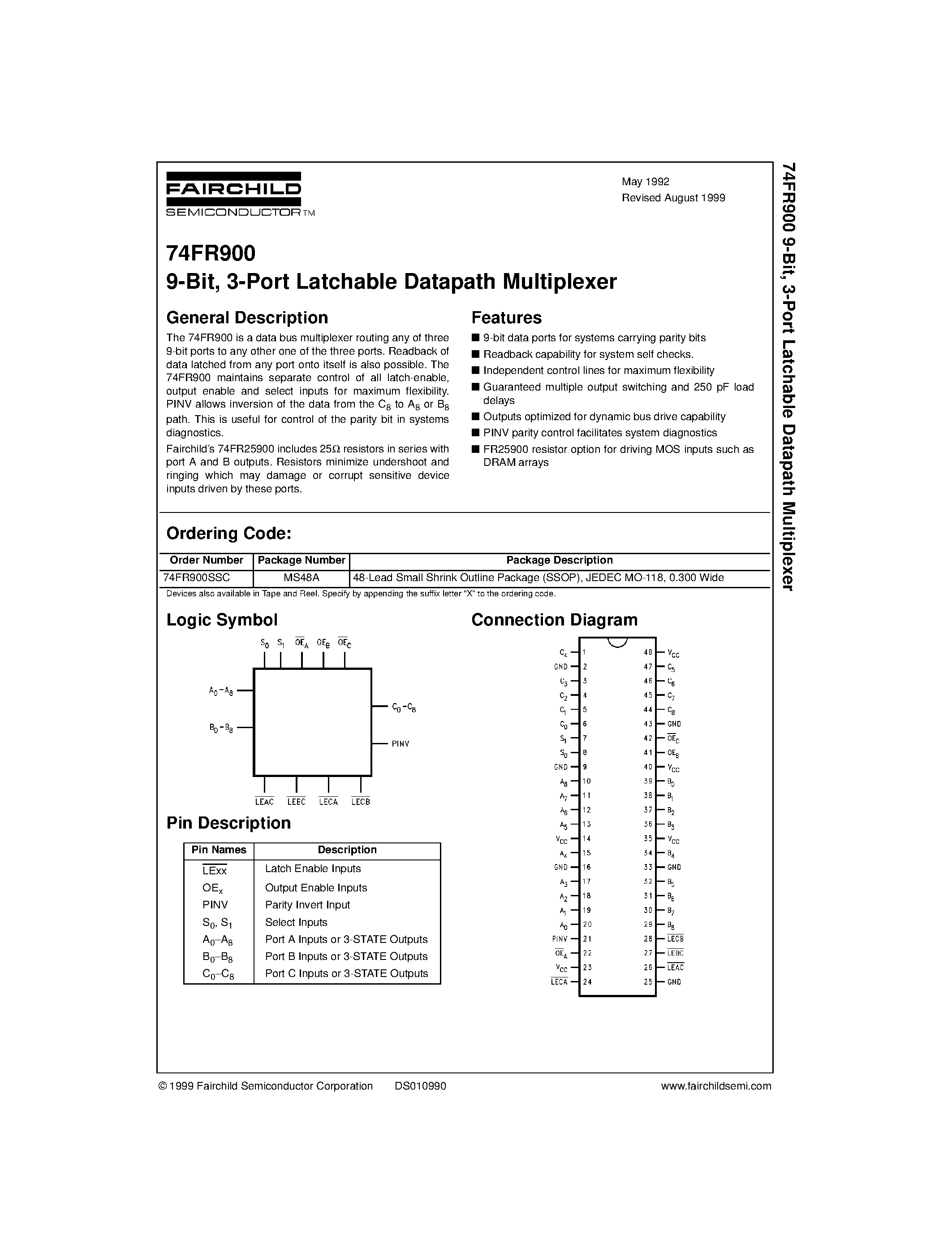 Datasheet 74FR900SSC - 9-Bit / 3-Port Latchable Datapath Multiplexer page 1