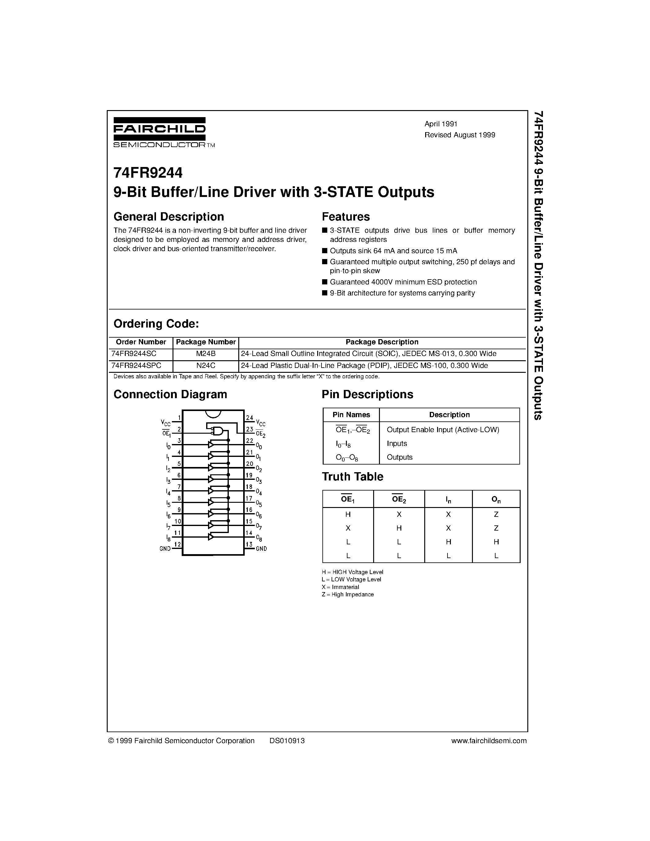 Datasheet 74FR9244 page 1 Datasheet 74FR9244 - 9-Bit Buffer/Line Driver with 3-STATE Outputs page 1