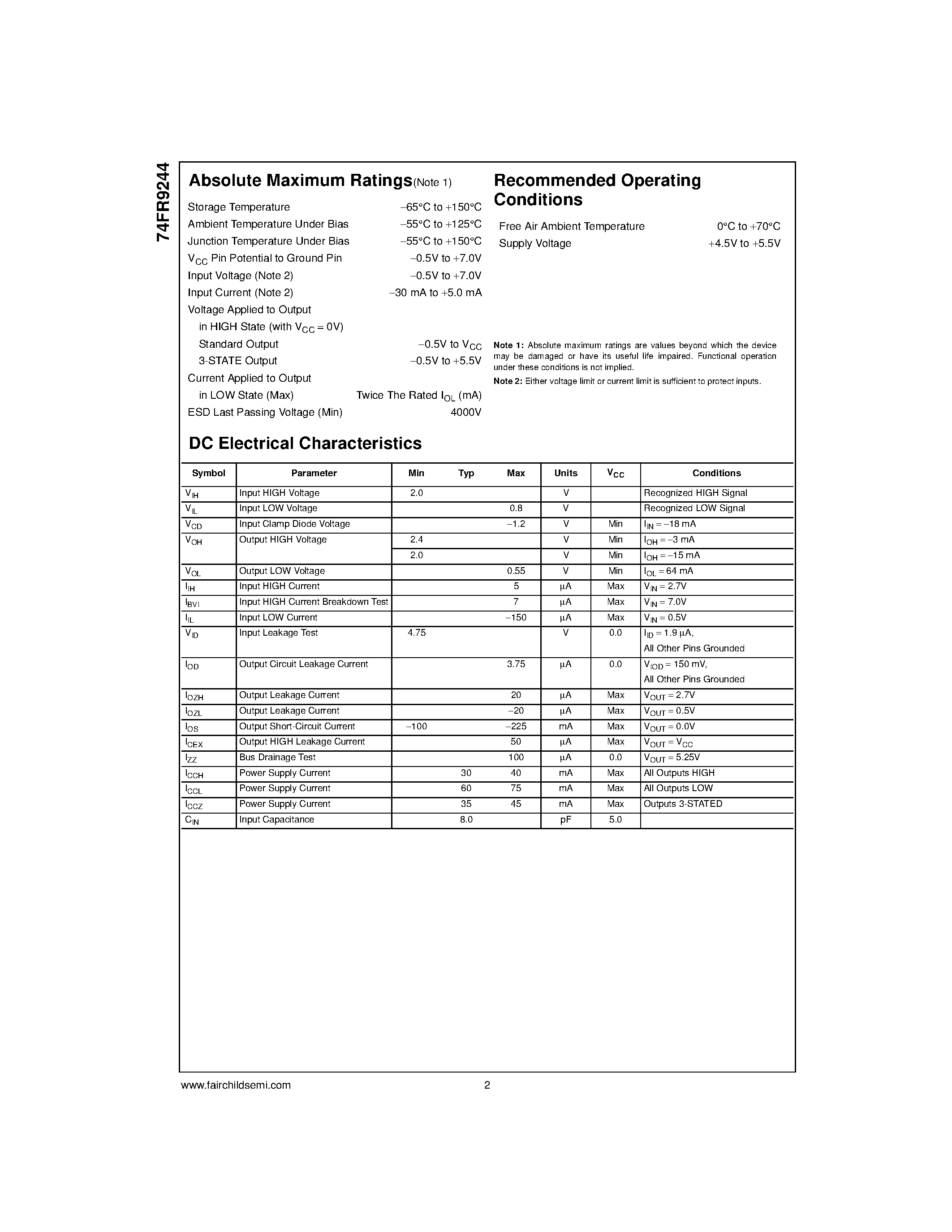 Datasheet 74FR9244 page 2 Datasheet 74FR9244 - 9-Bit Buffer/Line Driver with 3-STATE Outputs page 2