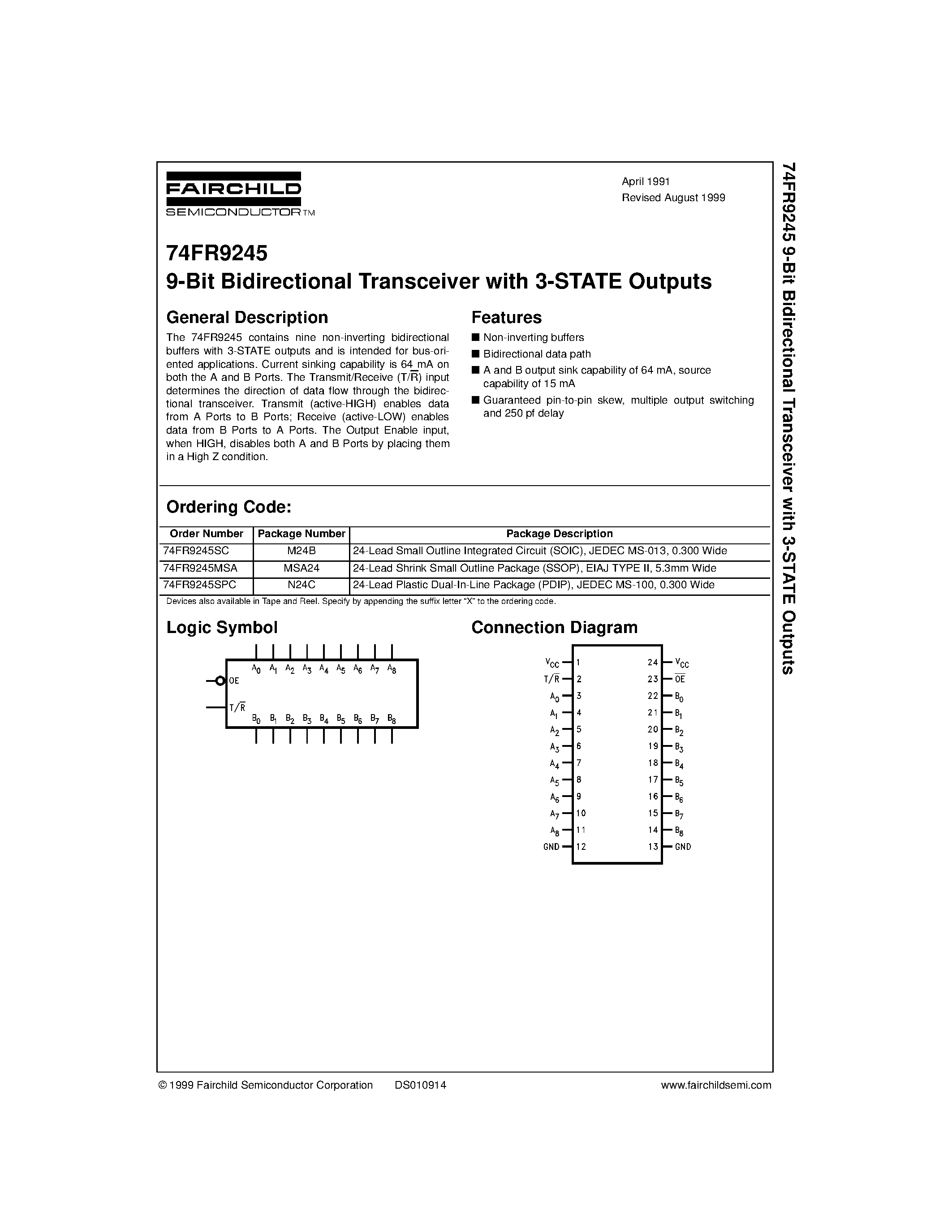 Datasheet 74FR9245 page 1 Datasheet 74FR9245 - 9-Bit Bidirectional Transceiver with 3-STATE Outputs page 1