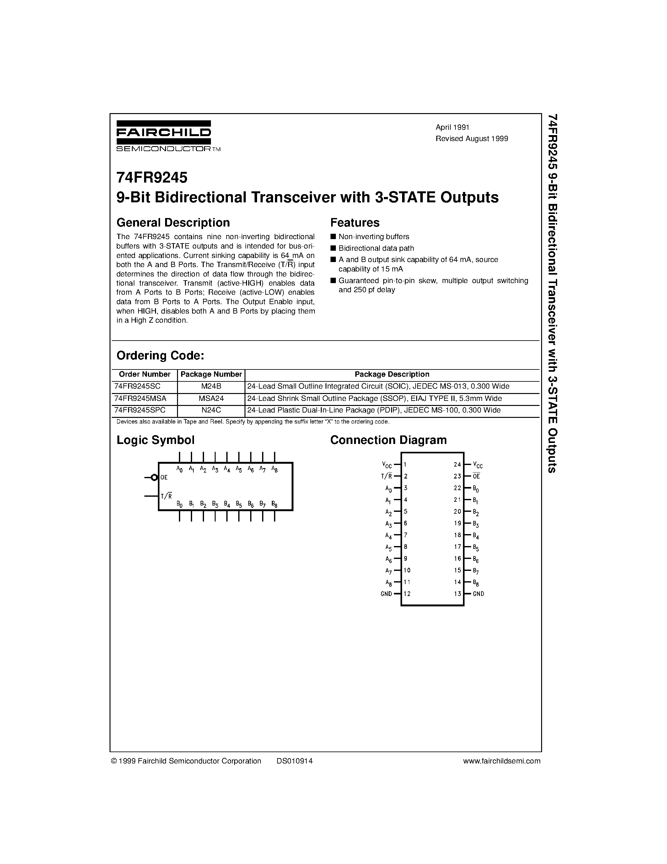 Datasheet 74FR9245 - 9-Bit Bidirectional Transceiver with 3-STATE Outputs page 1