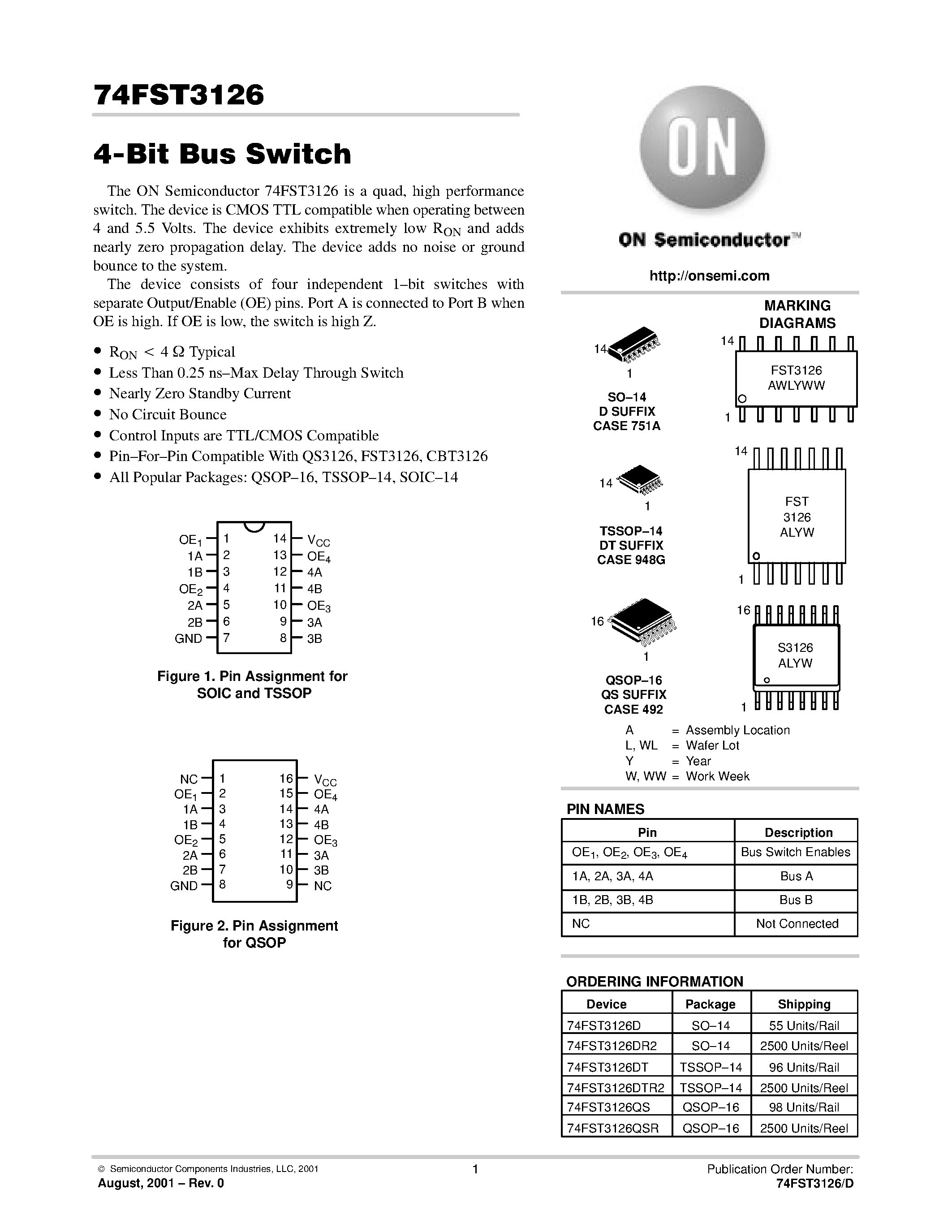 Datasheet 74FST3126DTR2 page 1 Datasheet 74FST3126DTR2 - 4-Bit Bus Switch page 1
