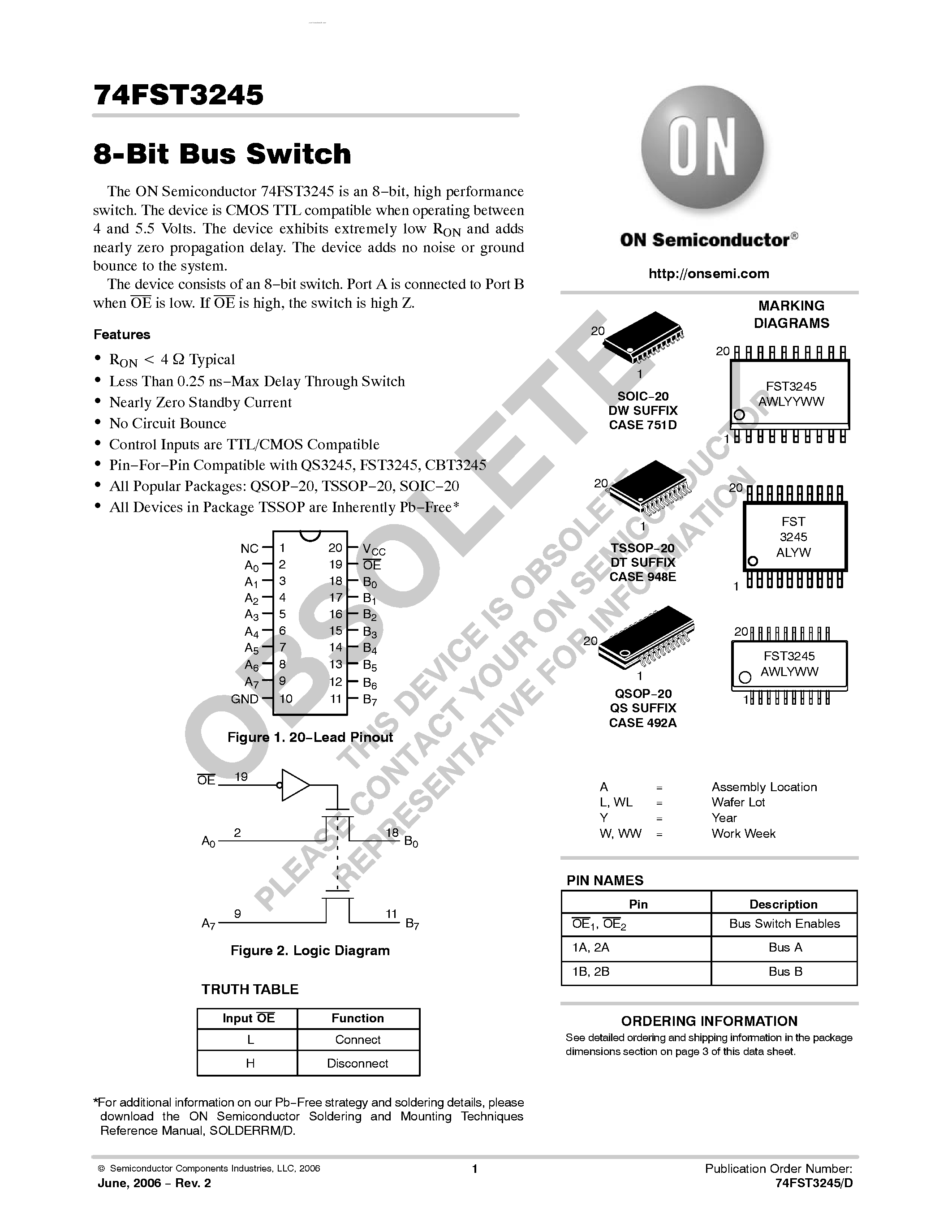 Даташит 74FST3245QS - 8-Bit Bus Switch страница 1