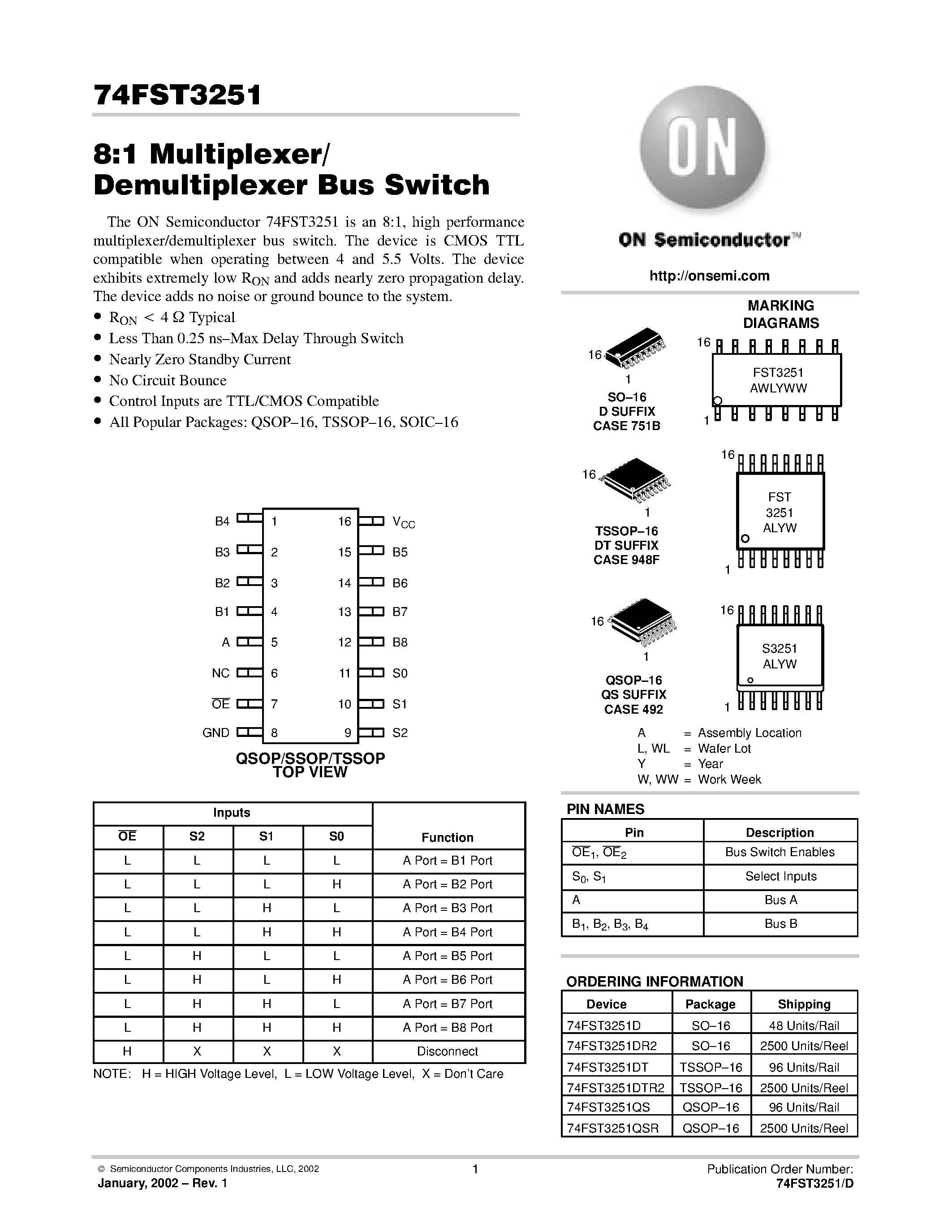 Даташит 74FST3251DTR2 - 8:1 Multiplexer/Demultiplexer Bus Switch страница 1