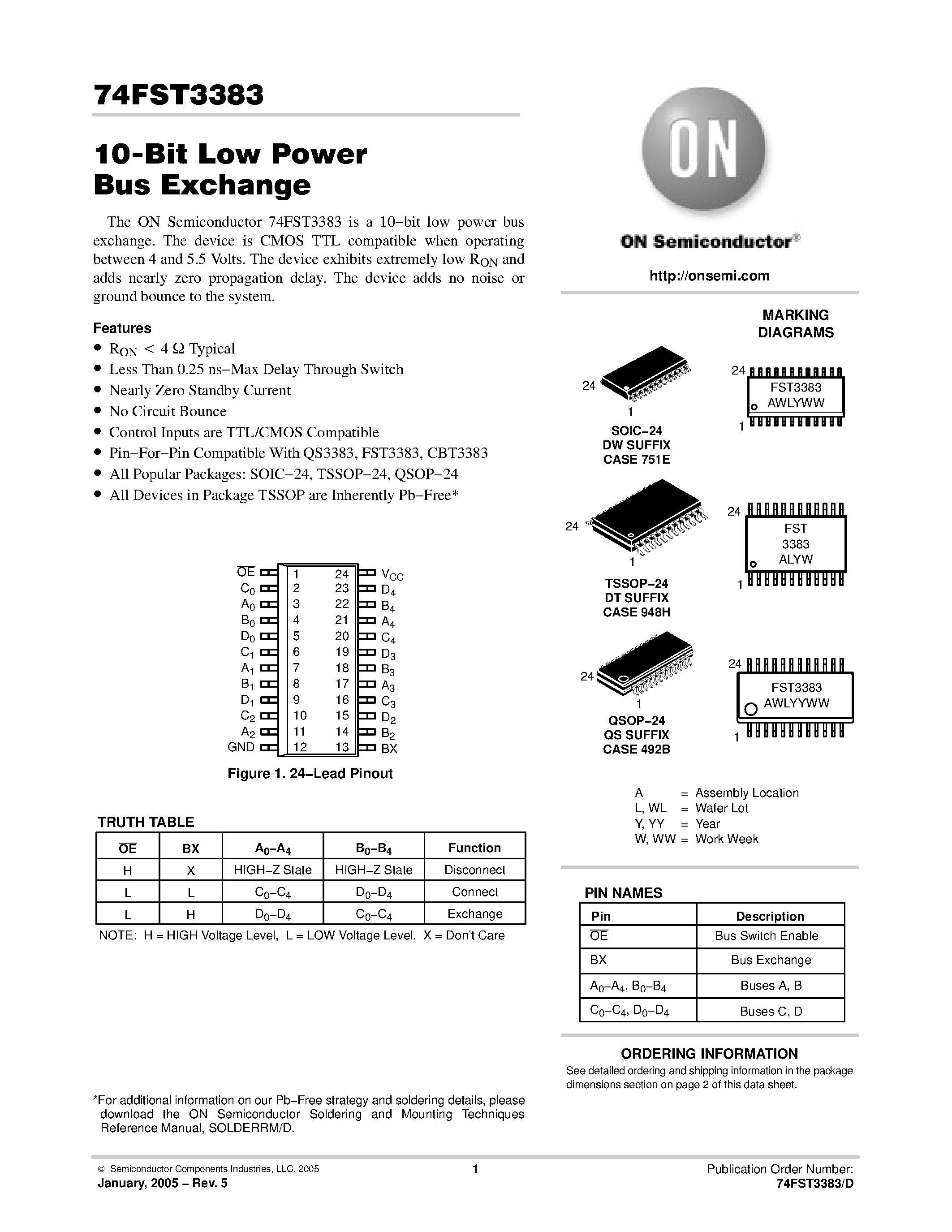 Datasheet 74FST3383QS page 1 Datasheet 74FST3383QS - 10-Bit Low Power Bus Exchange page 1