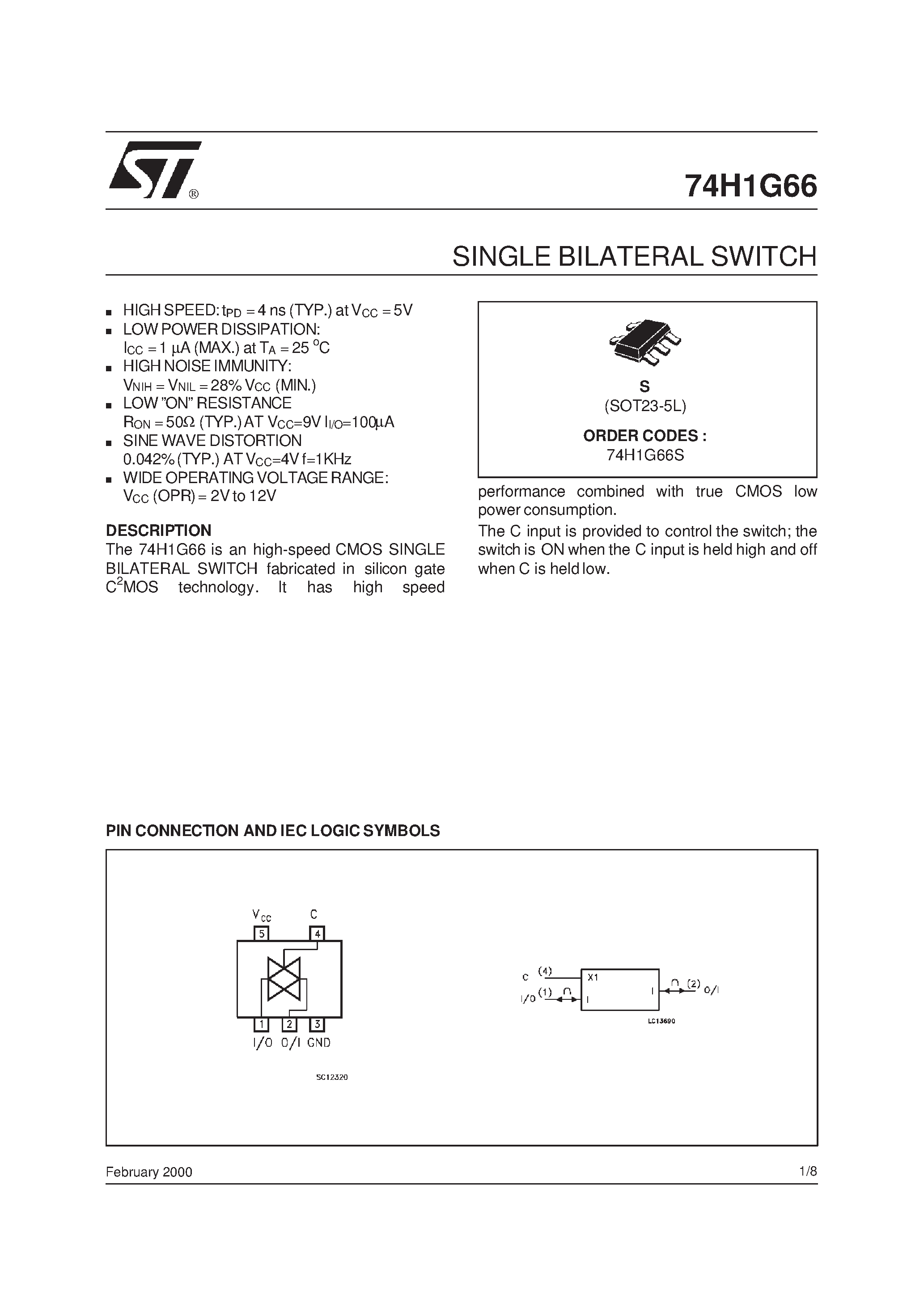 Даташит на микросхему 74H1G66S страница 1 Даташит 74H1G66S - SINGLE BILATERAL SWITCH страница 1
