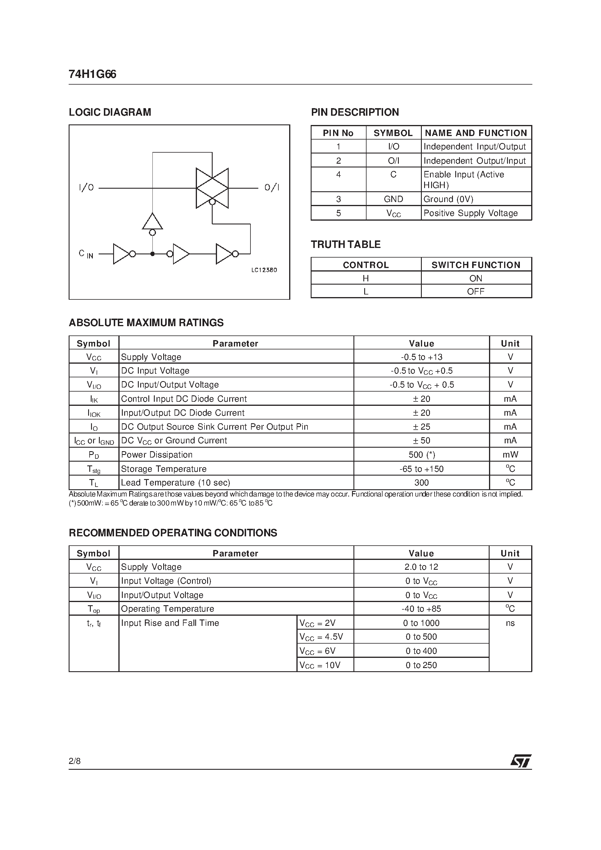 Даташит на микросхему 74H1G66S страница 2 Даташит 74H1G66S - SINGLE BILATERAL SWITCH страница 2