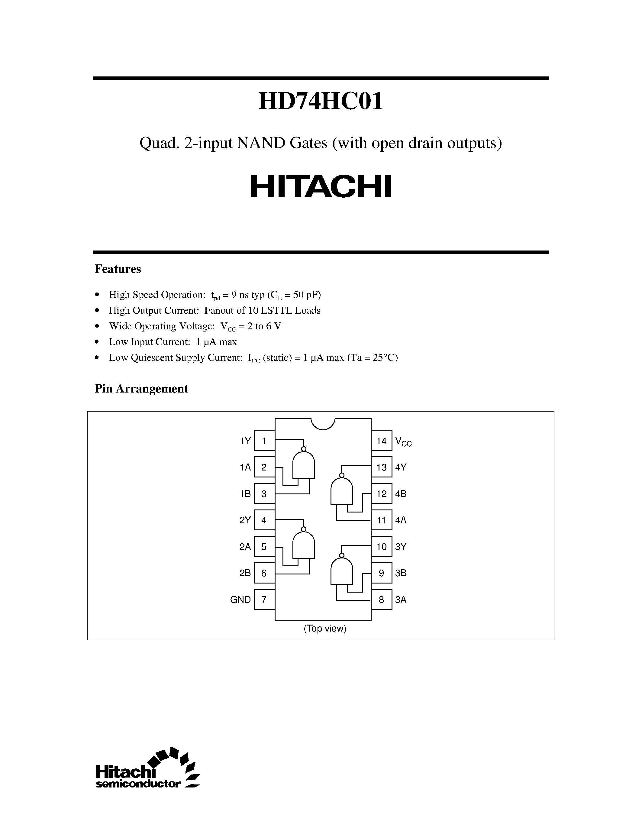 Datasheet 74HC01 - Quad. 2-input NAND Gates (with open drain outputs) page 1