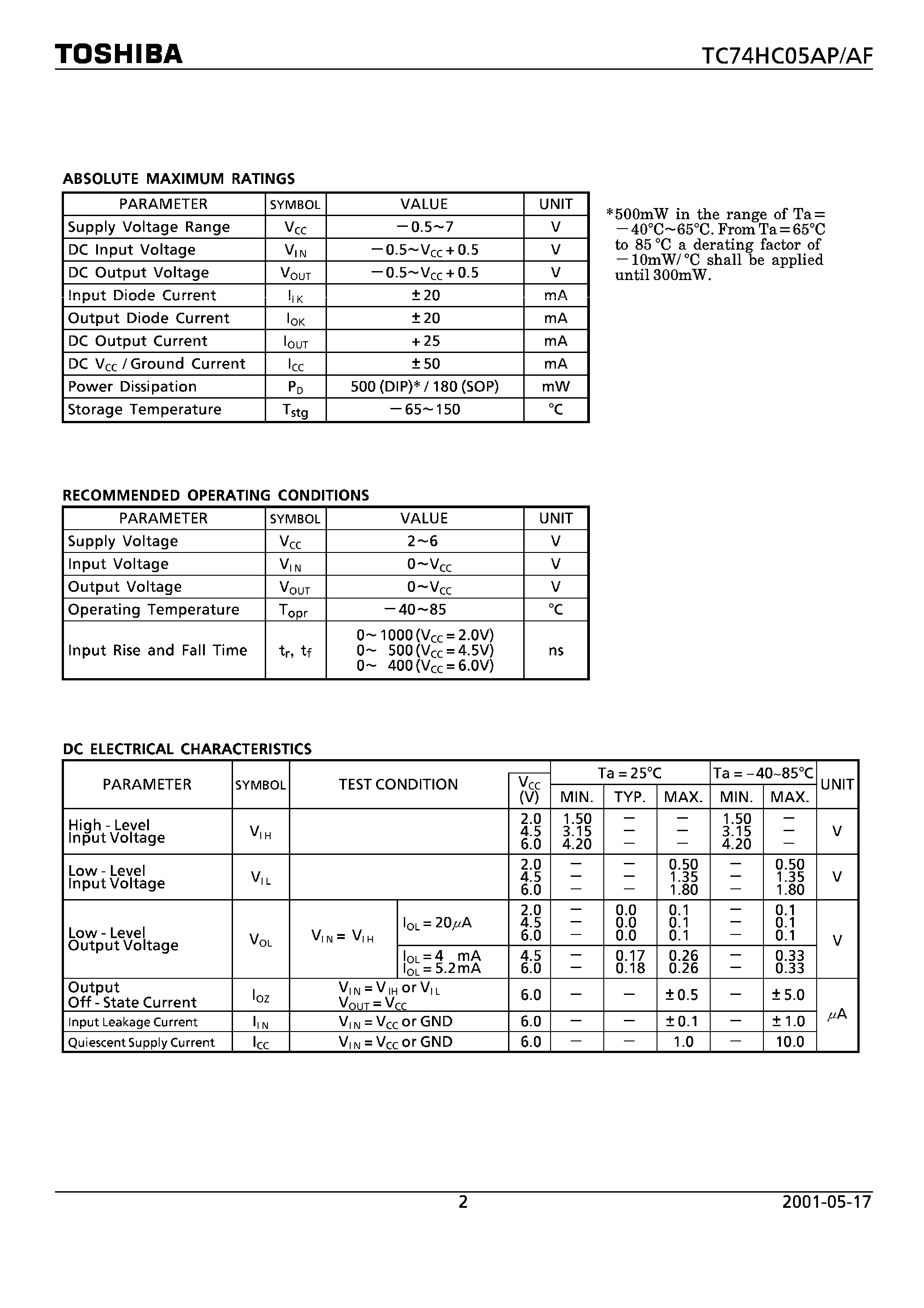 Даташит на микросхему 74HC05 страница 2 Даташит 74HC05 - HEX INVERTER (OPEN DRAIN) страница 2