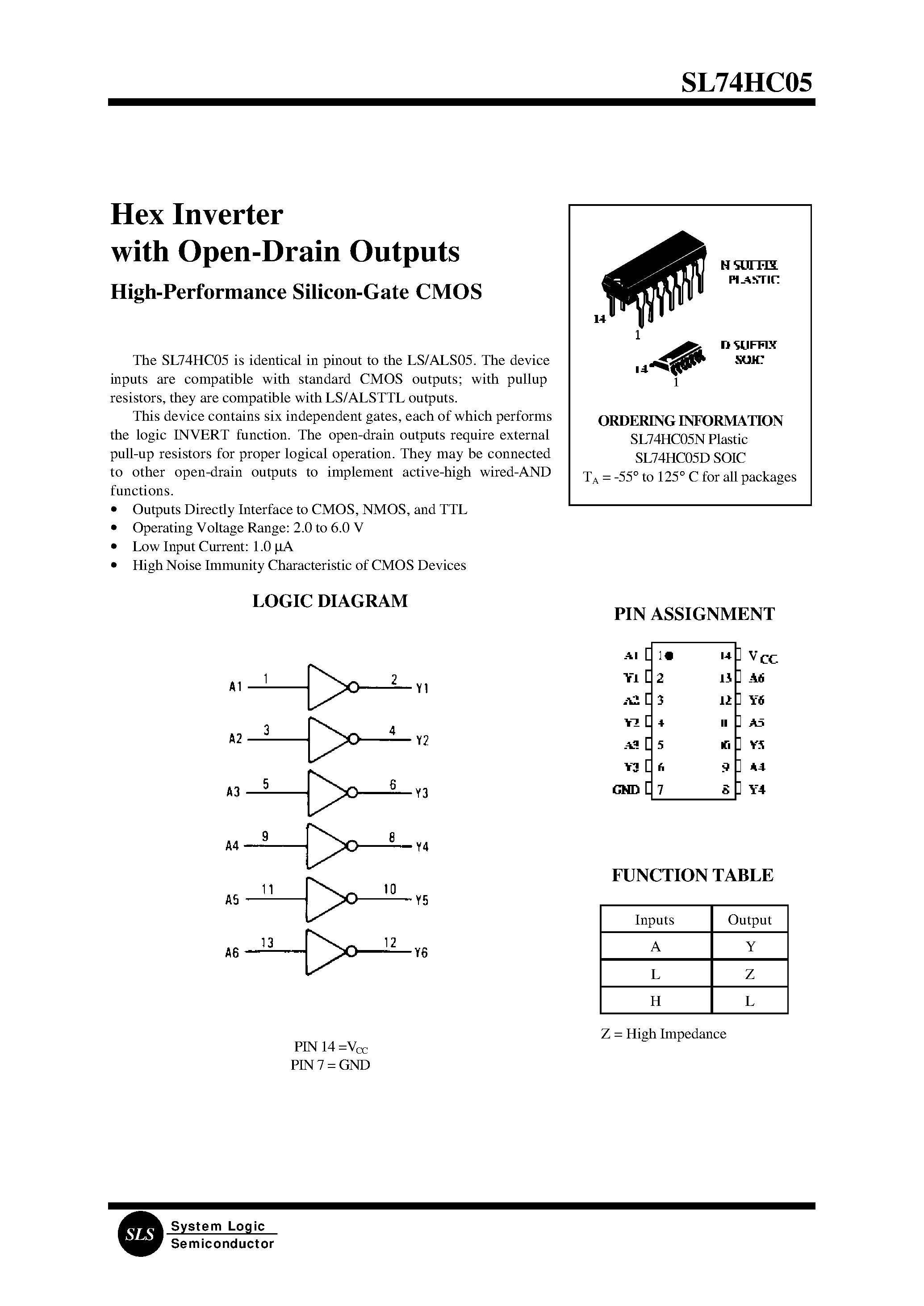 Datasheet 74HC05 page 1 Datasheet 74HC05 - Hex Inverter with Open-Drain Outputs page 1