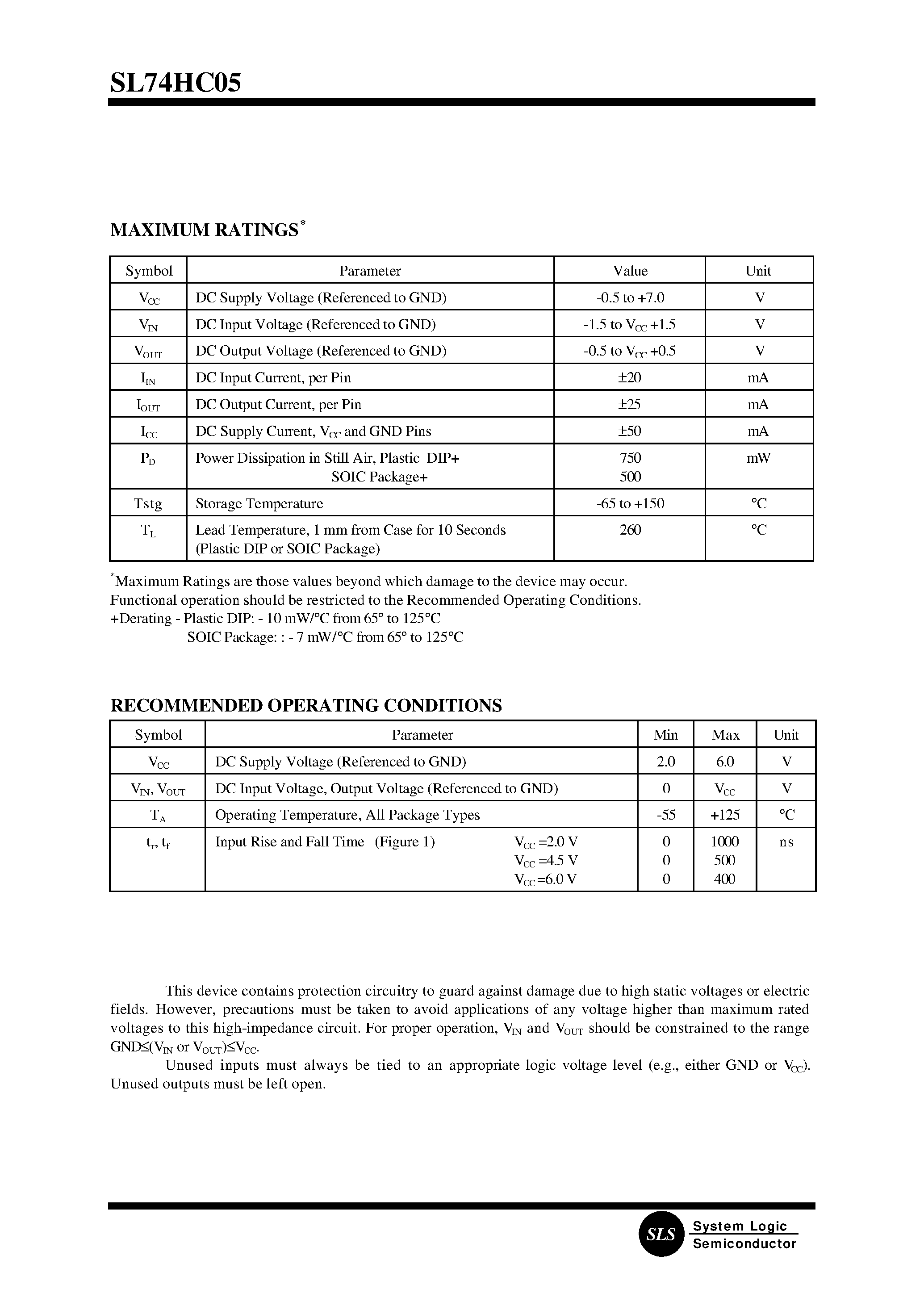 Datasheet 74HC05 page 2 Datasheet 74HC05 - Hex Inverter with Open-Drain Outputs page 2