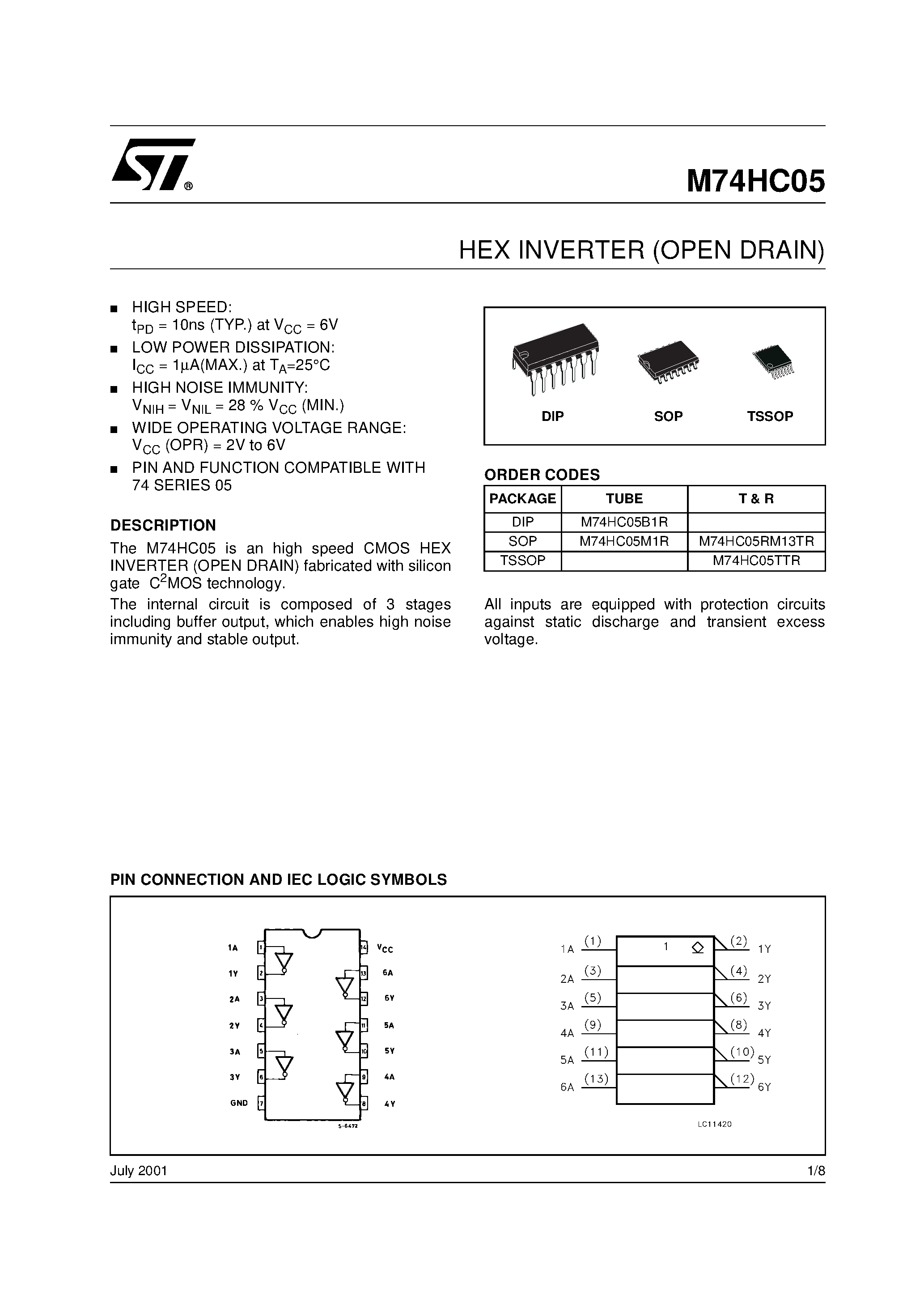 Даташит на микросхему 74HC05 страница 1 Даташит 74HC05 - HEX INVERTER OPEN DRAIN страница 1